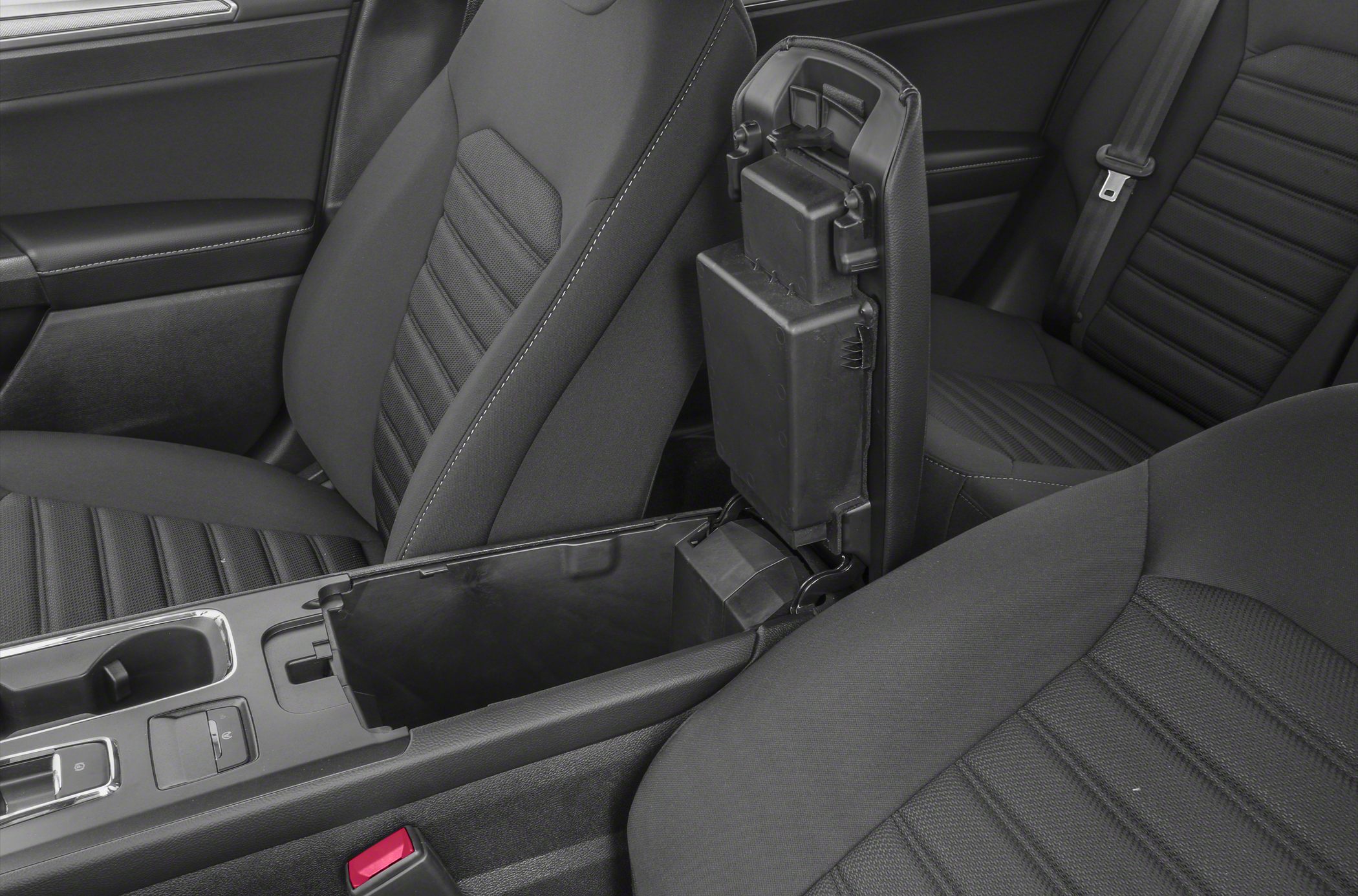 Center console storage compartment and front seat upholstery details