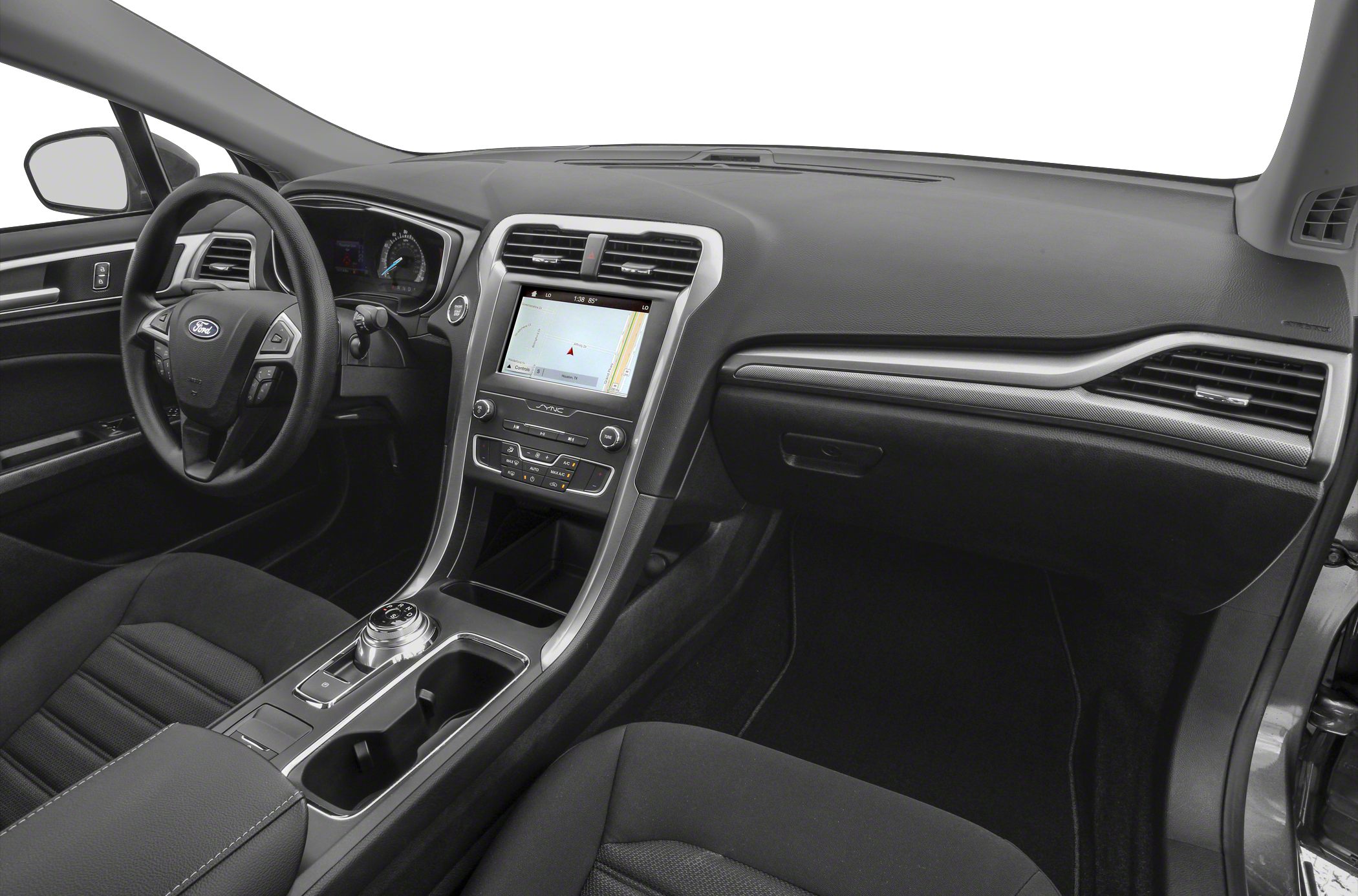 Modern dashboard and center console with touchscreen and rotary gear selector