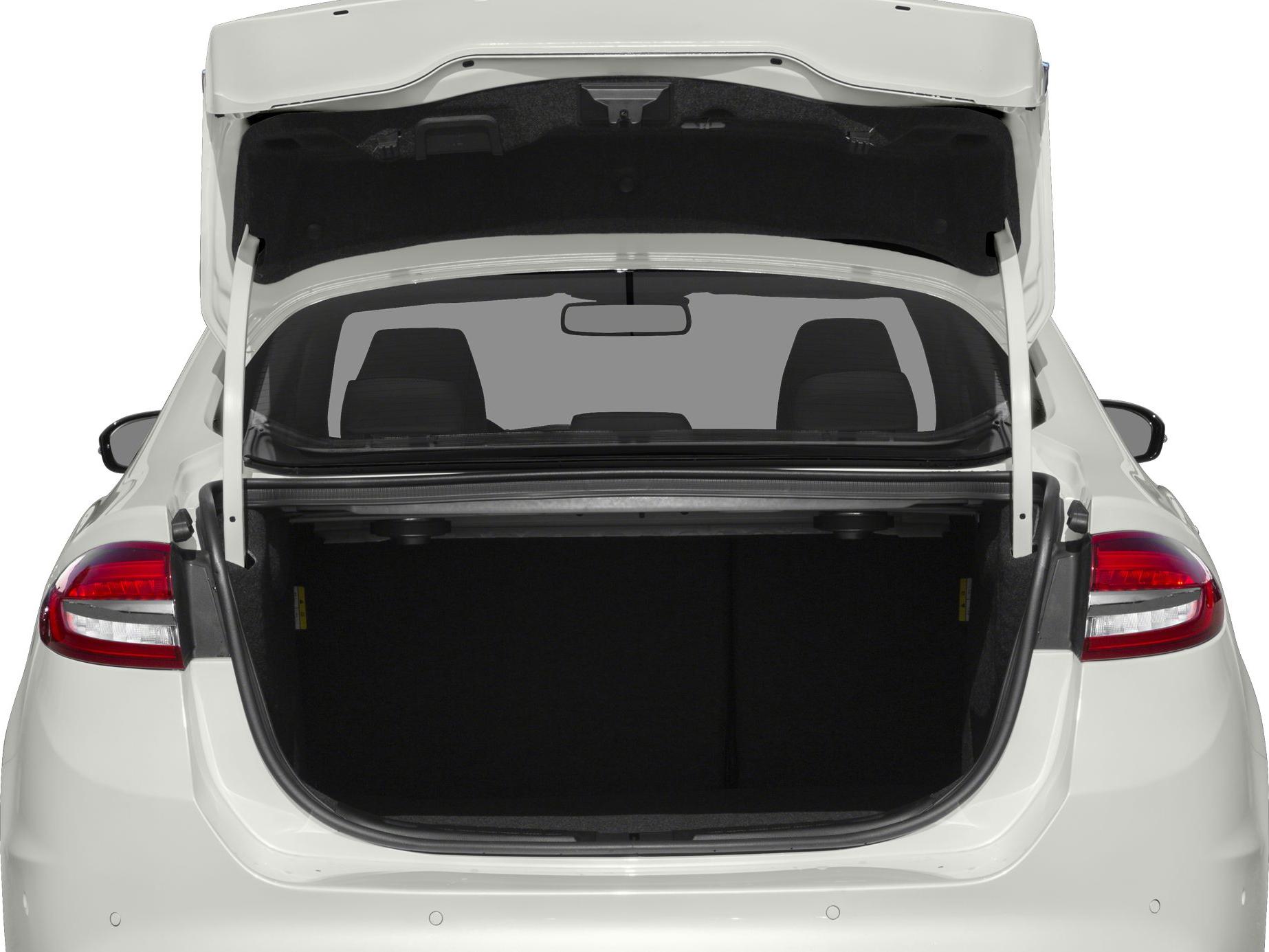 Spacious open trunk of a sedan showing rear seats and cargo area