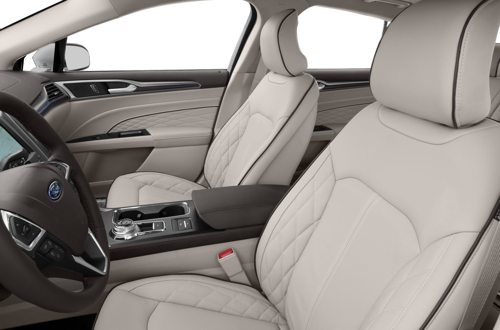Quilted leather seats with detailed stitching and modern dashboard design