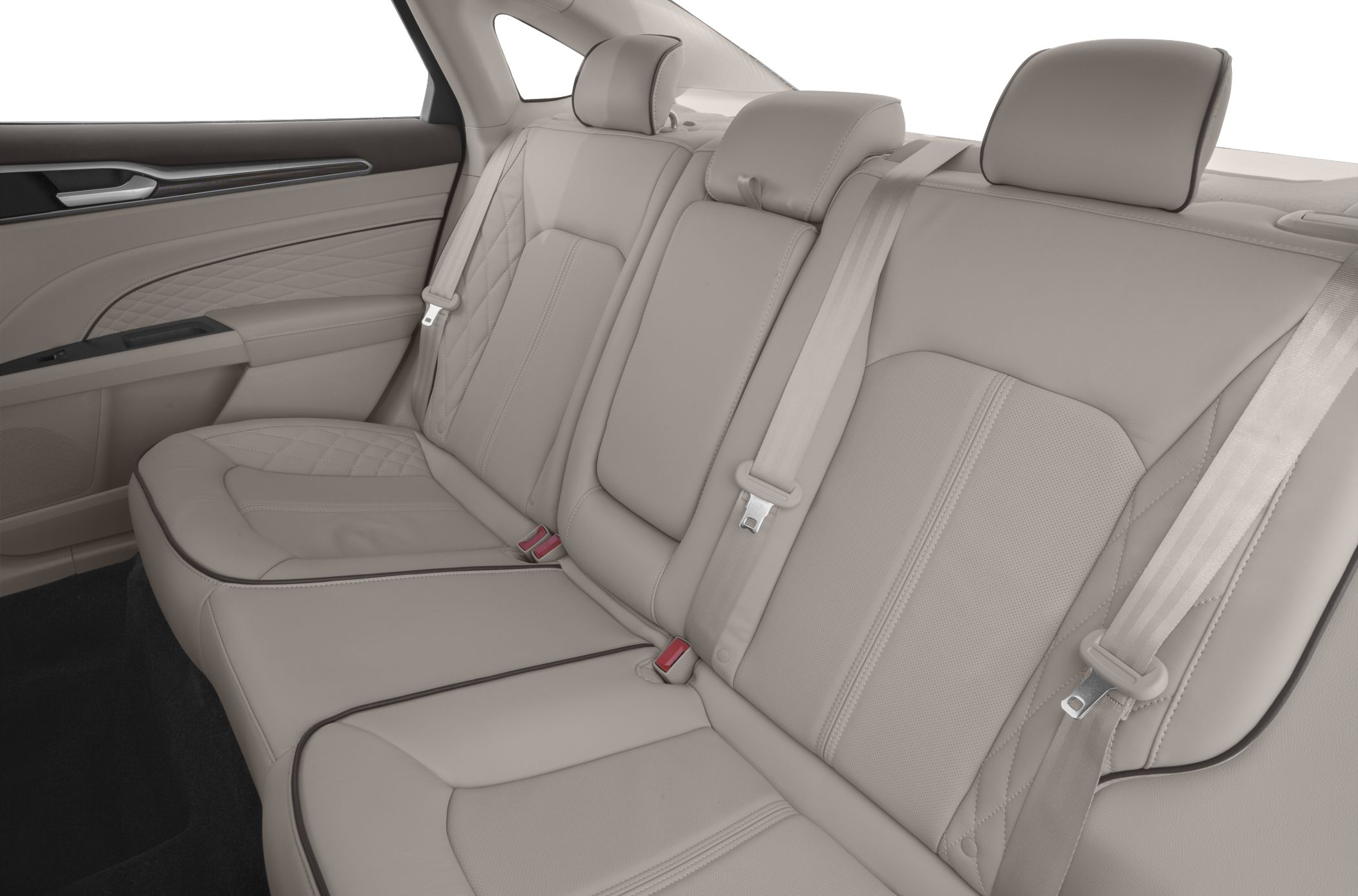 Rear leather seats with detailed stitching and seatbelt arrangement