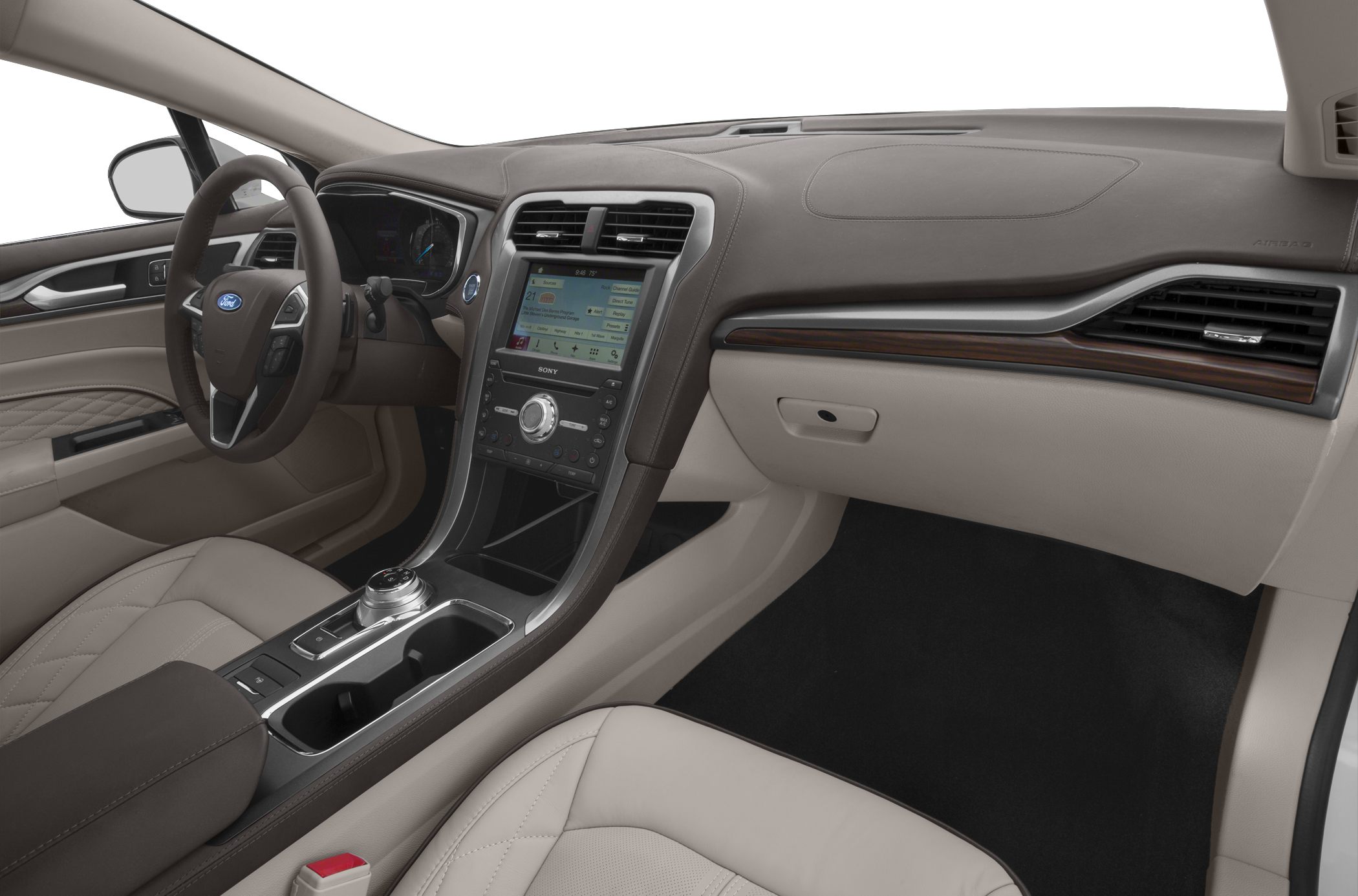 Modern center console with touchscreen and quilted leather seats
