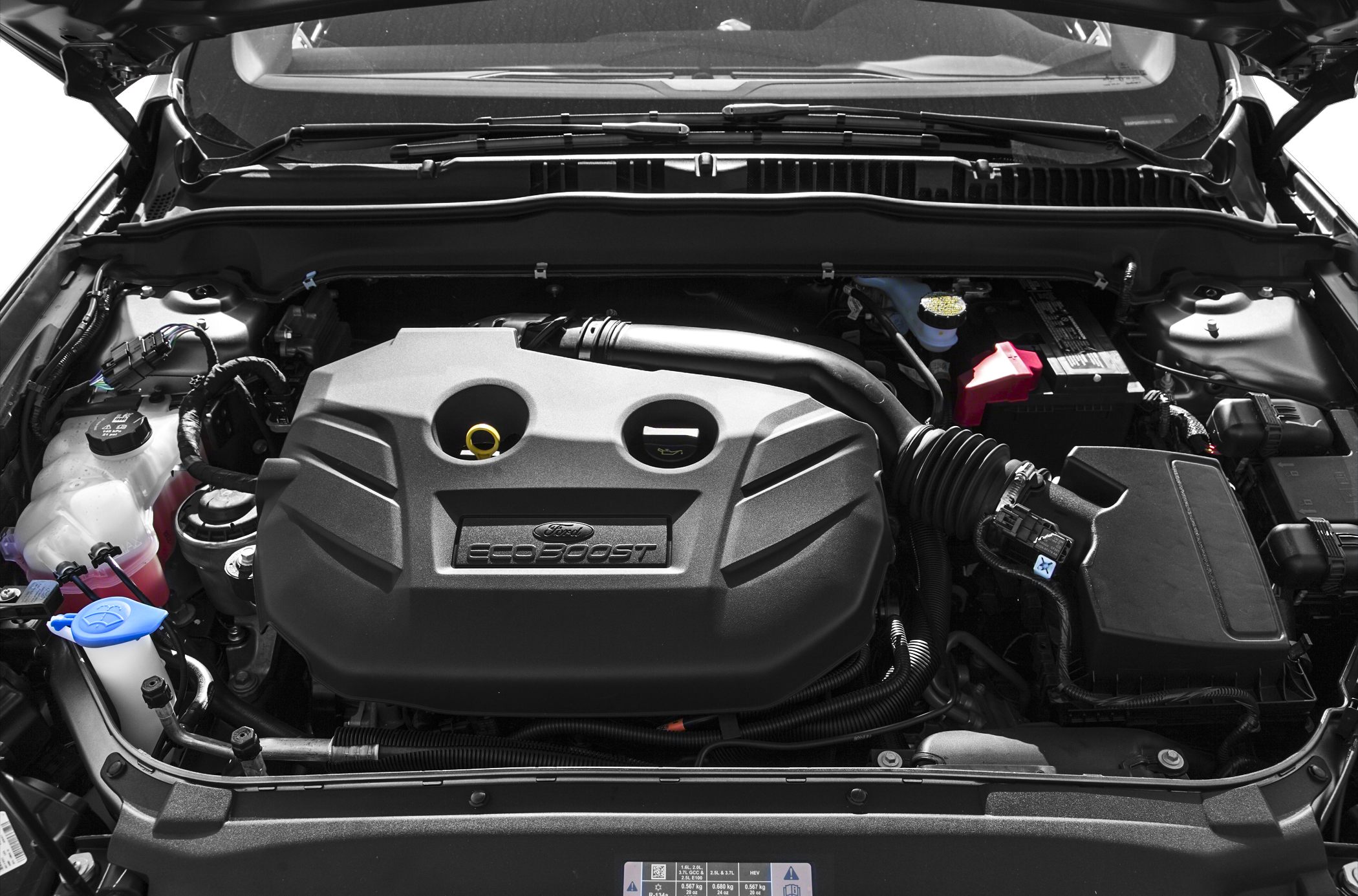 Close-up of EcoBoost engine cover inside engine bay