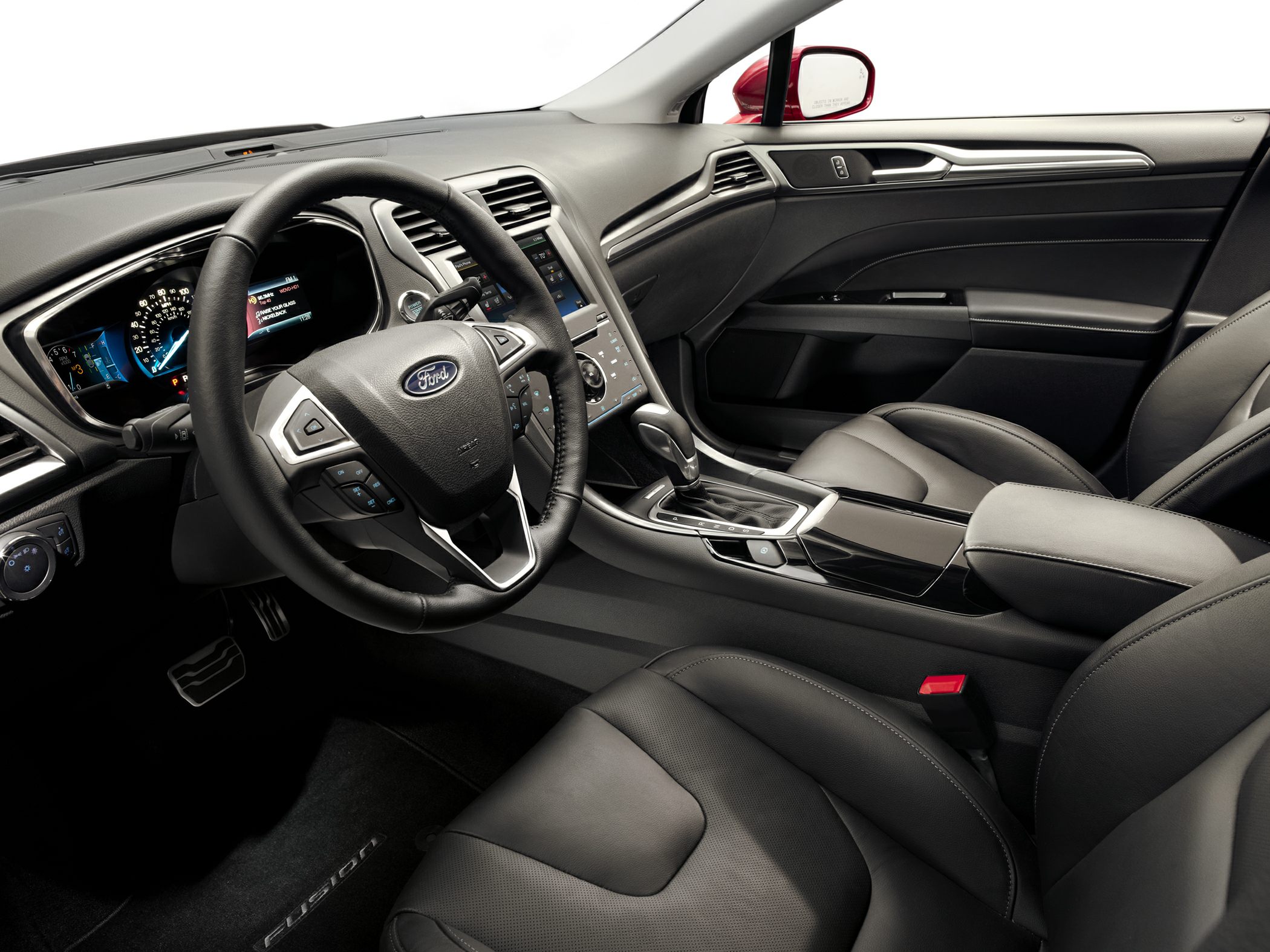 Modern car interior with dashboard, steering wheel, and leather seats