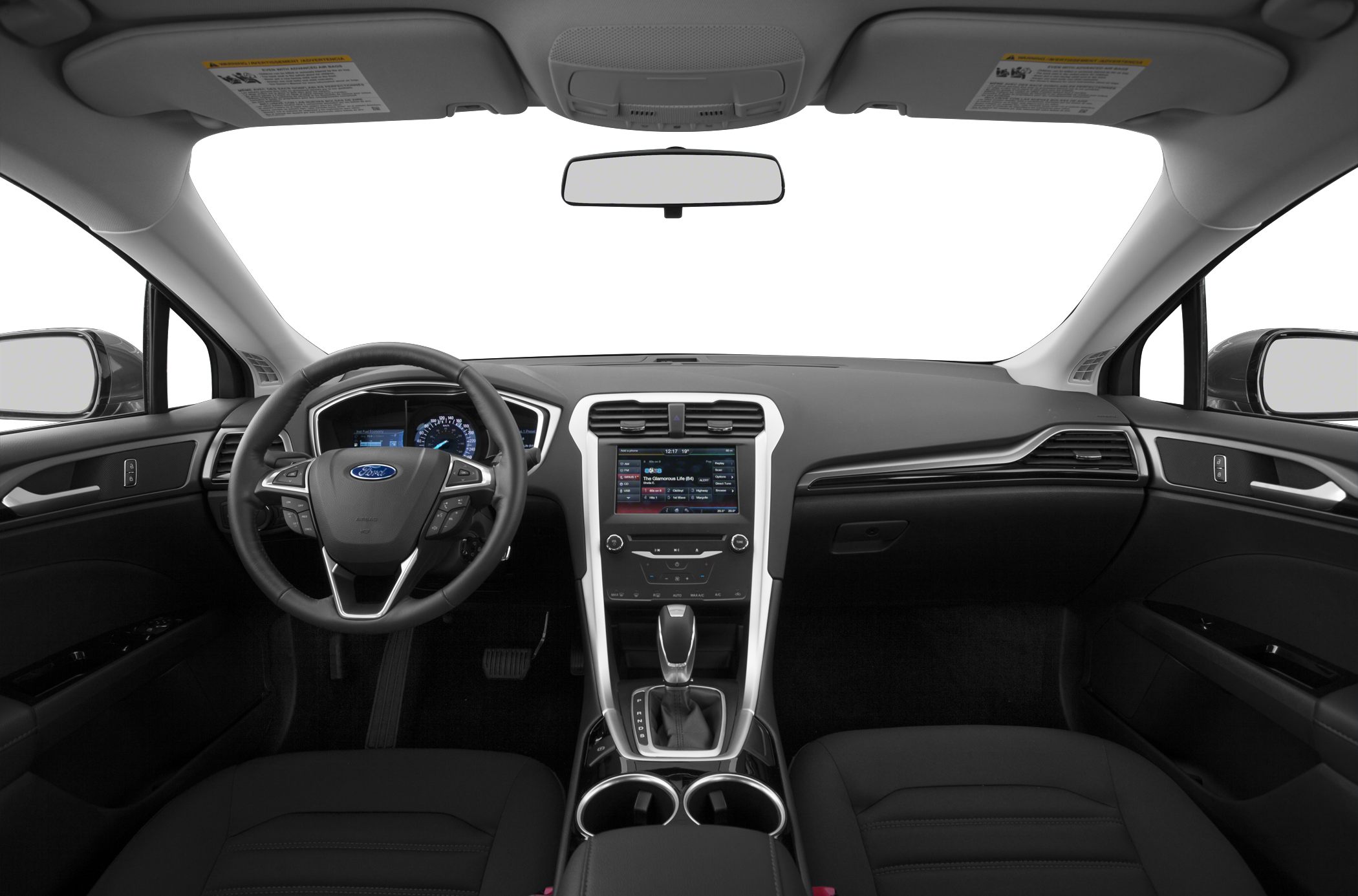 Car interior with dashboard, touchscreen, and steering wheel