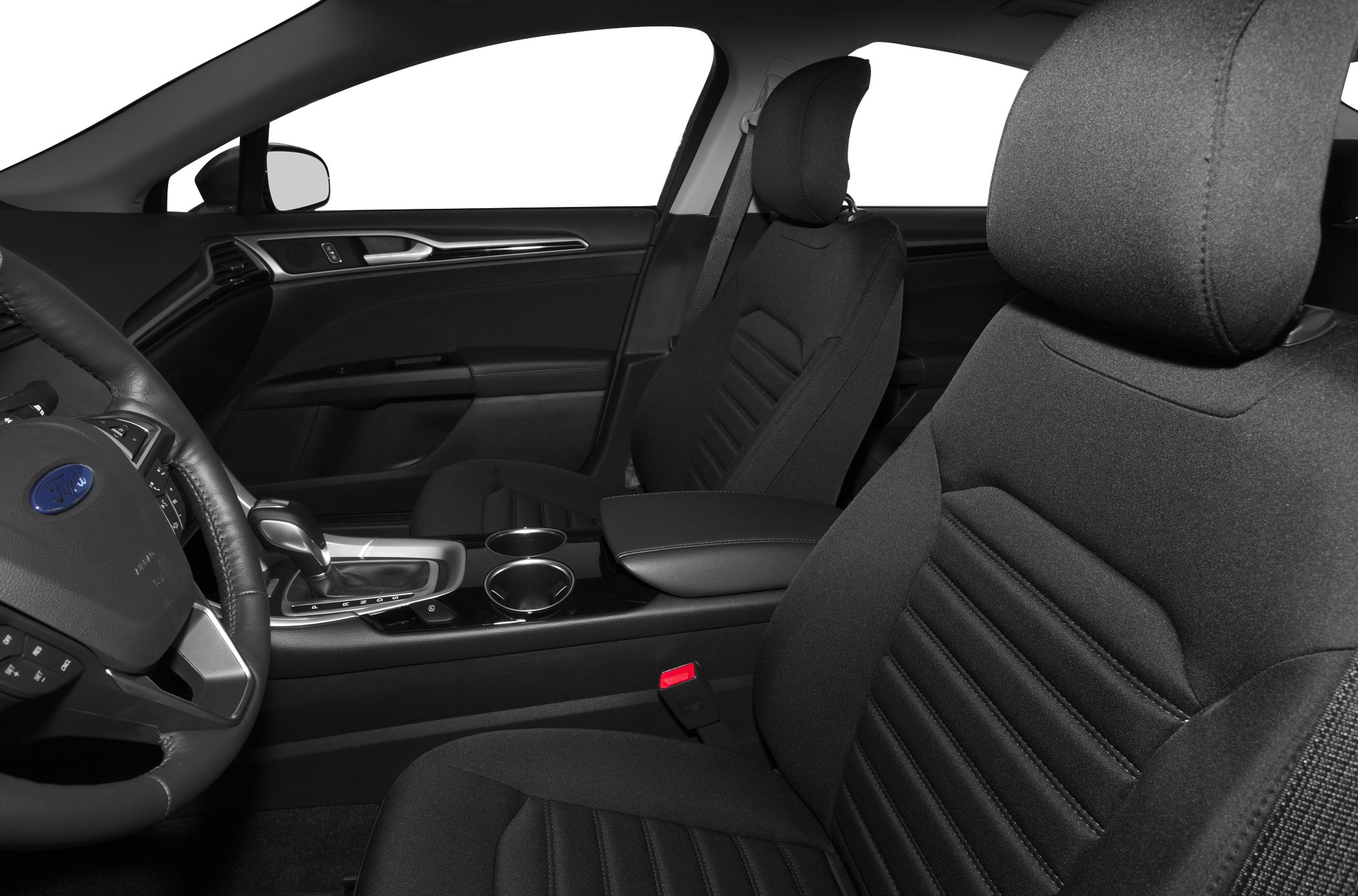 Front interior with black fabric seats, dashboard, and center console.