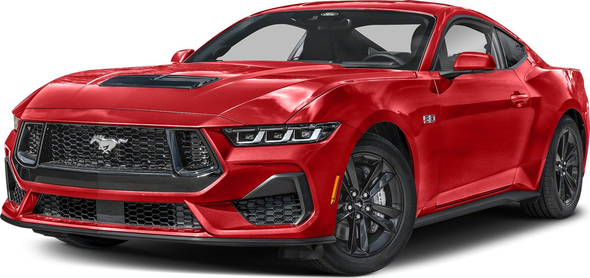 Red coupe with aggressive grille, 5.0 badge, black wheels, and hood vent