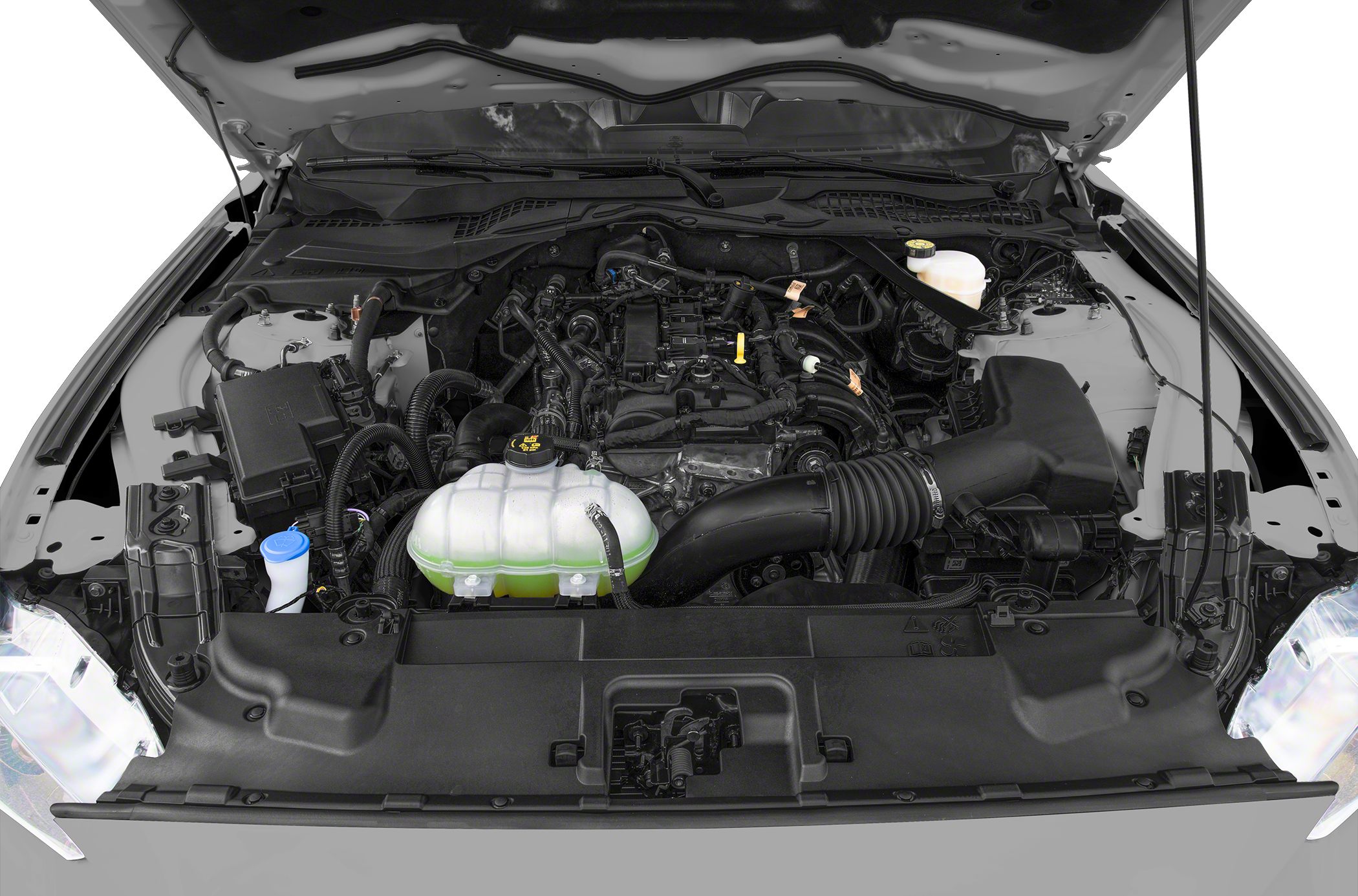 Detailed engine bay with visible components and fluid reservoirs