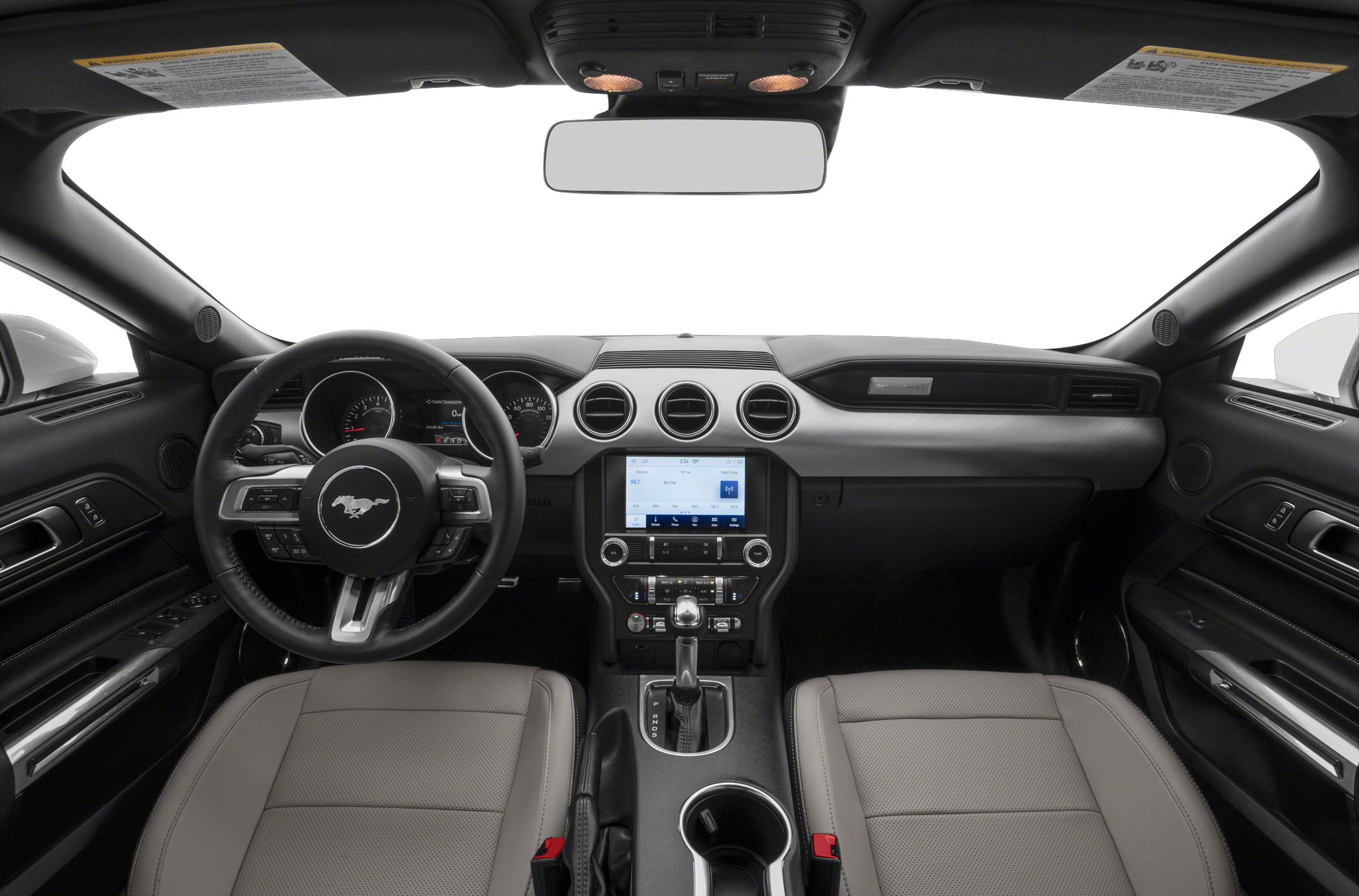 Dashboard, steering wheel, infotainment system, and front seats
