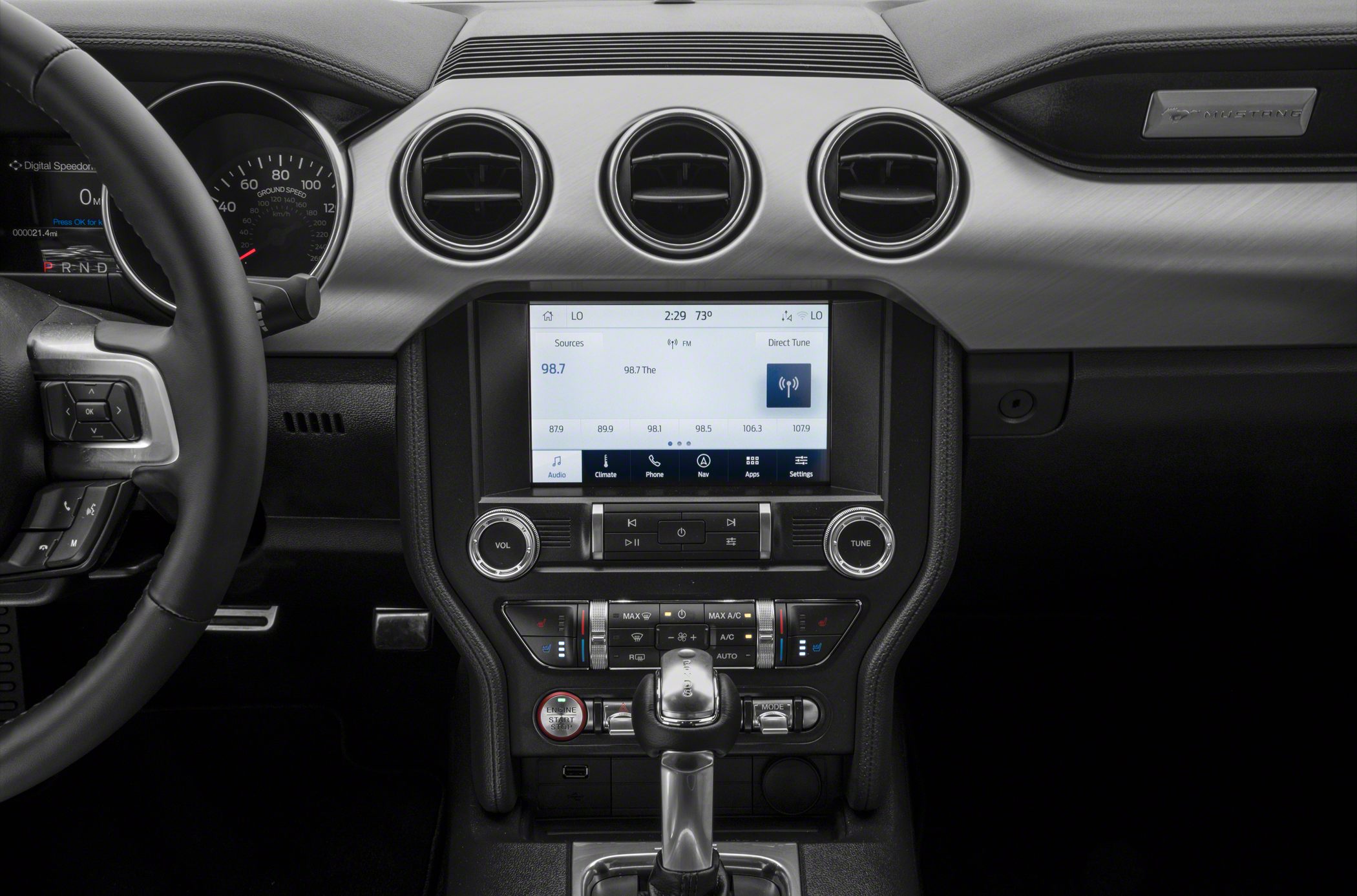Interior with touchscreen infotainment and three circular air vents