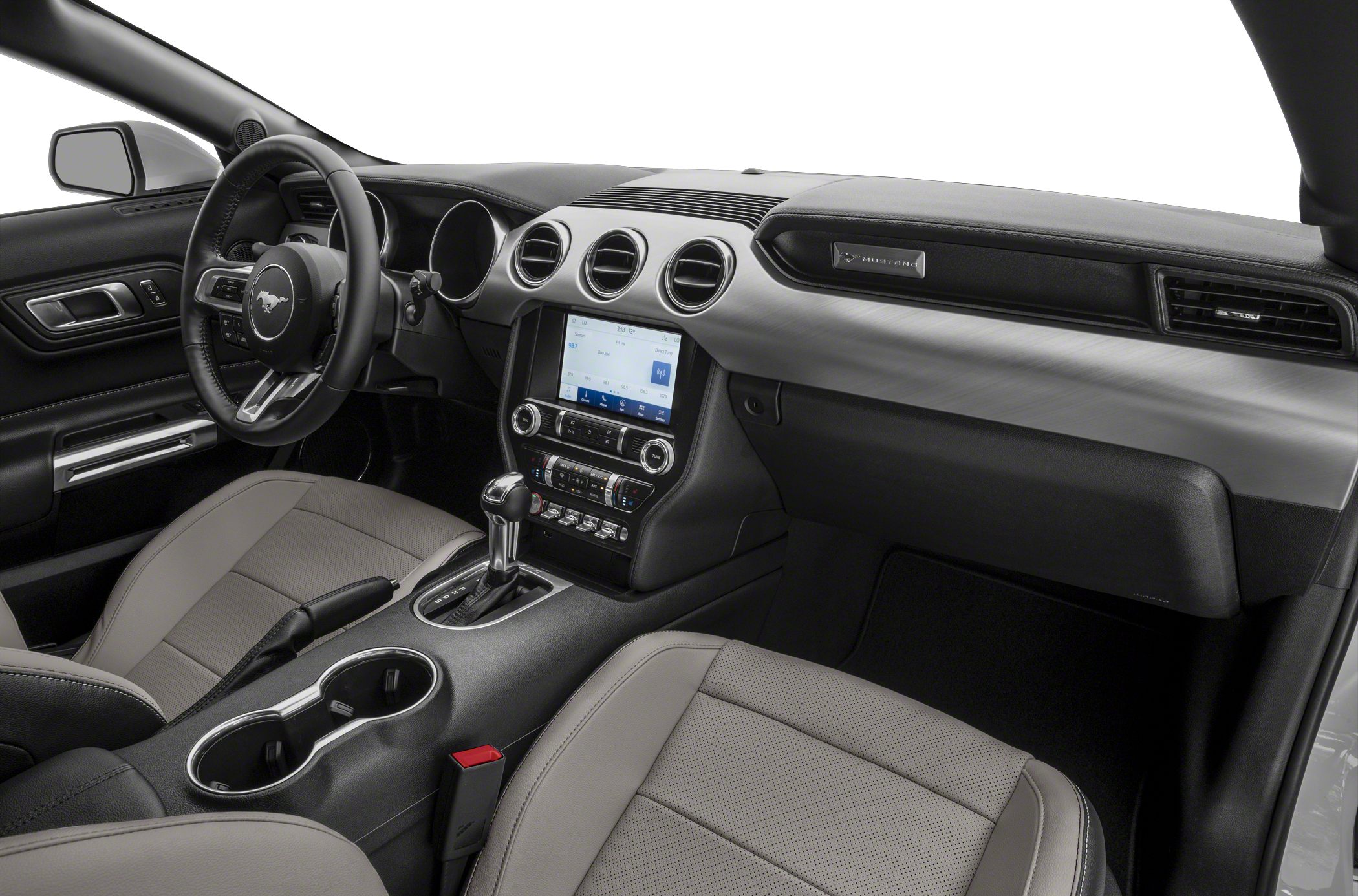 Dashboard, steering wheel, and central console of a car interior