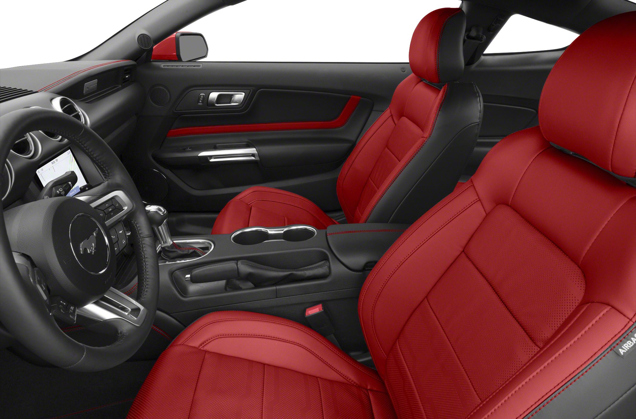 Sporty red leather seats with modern center console and steering wheel