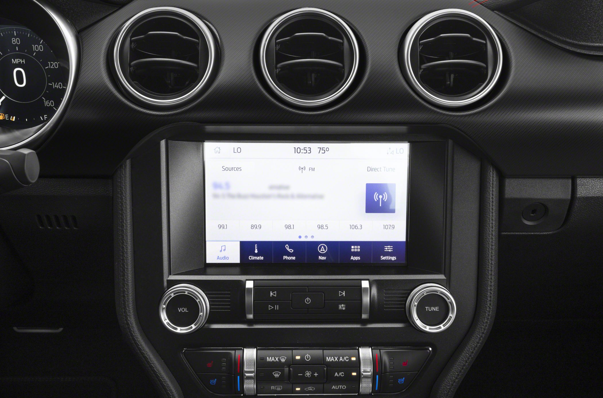 Dashboard infotainment screen with climate control and air vents