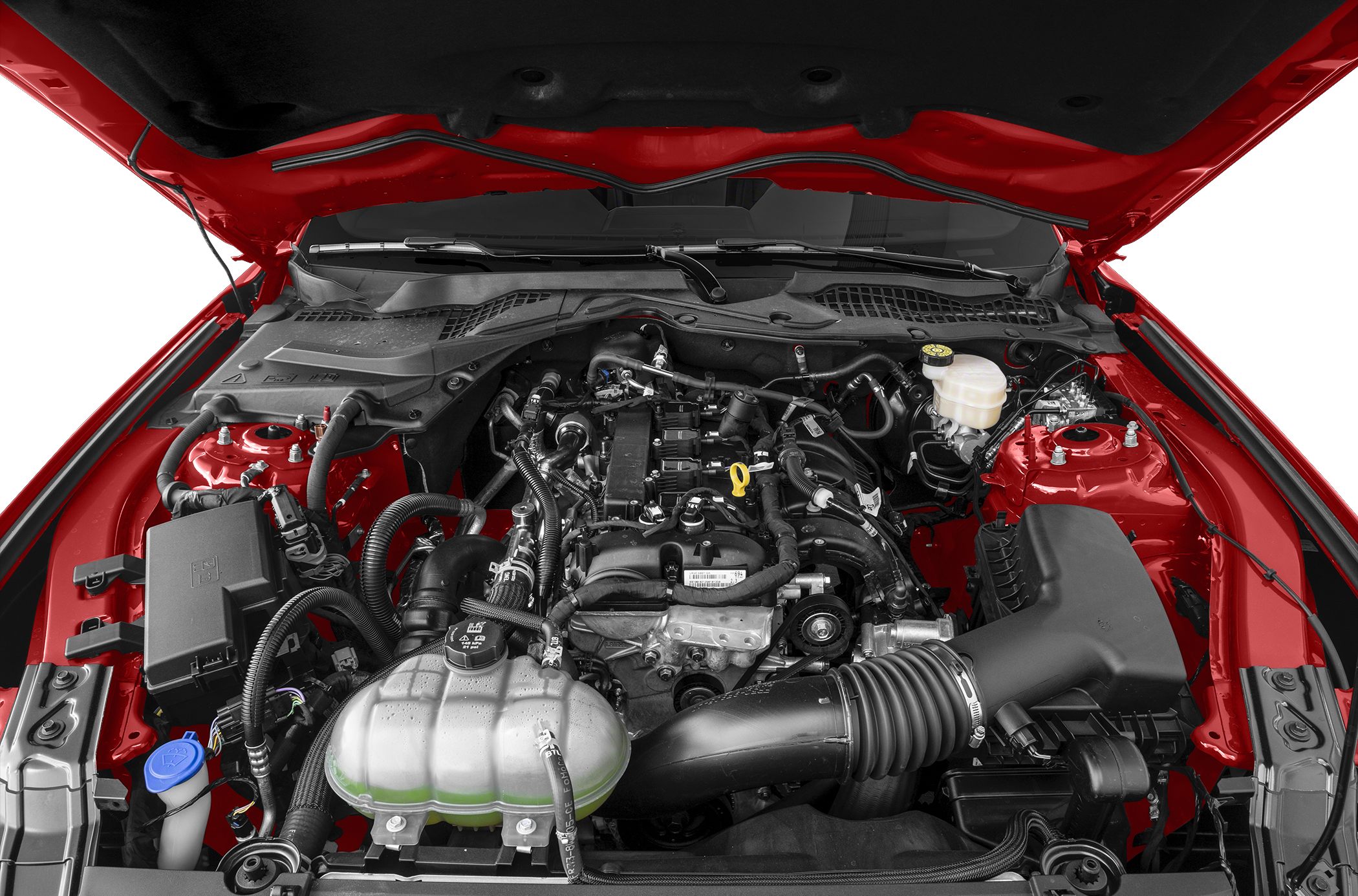 Close-up of engine bay with visible intake and cooling system components