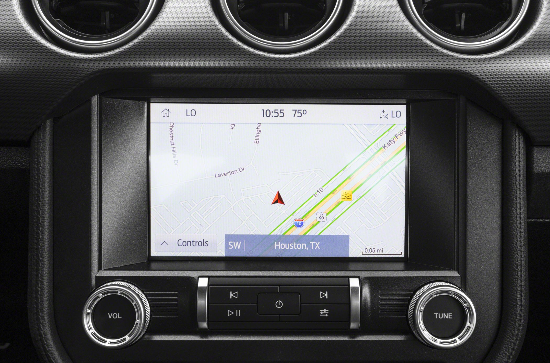 In-dash GPS navigation with media control buttons and knobs
