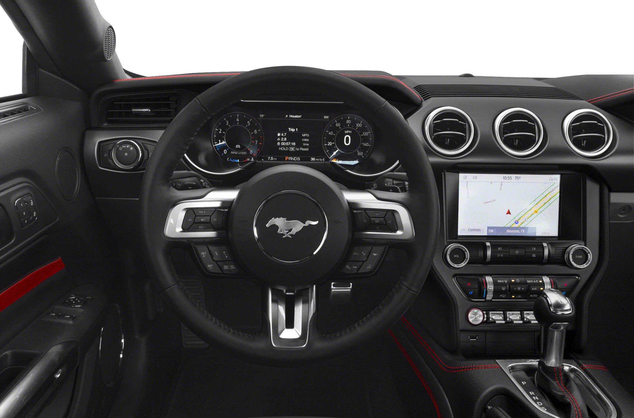 Digital instrument cluster and leather steering wheel with navigation display