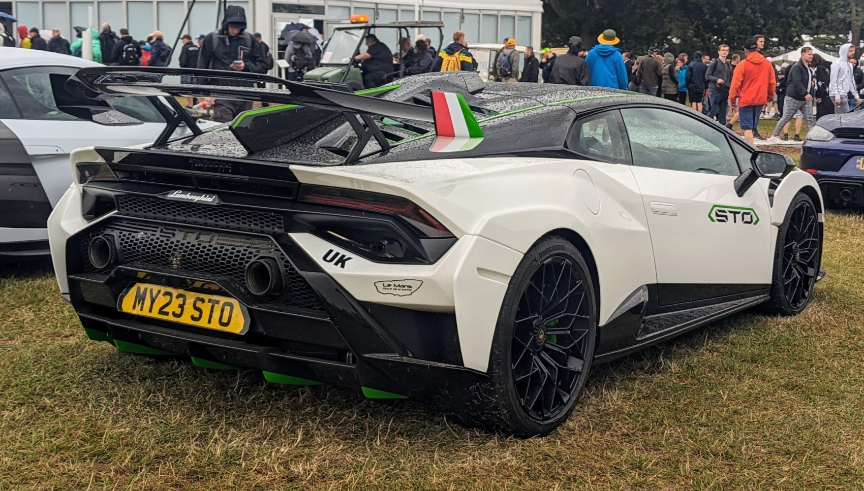 Rear and side view of Lamborghini Huracan STO with large wing and diffuser