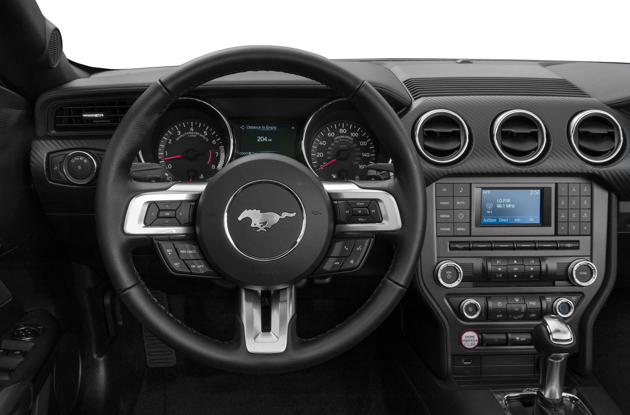 Steering wheel with controls and dashboard with instruments and infotainment