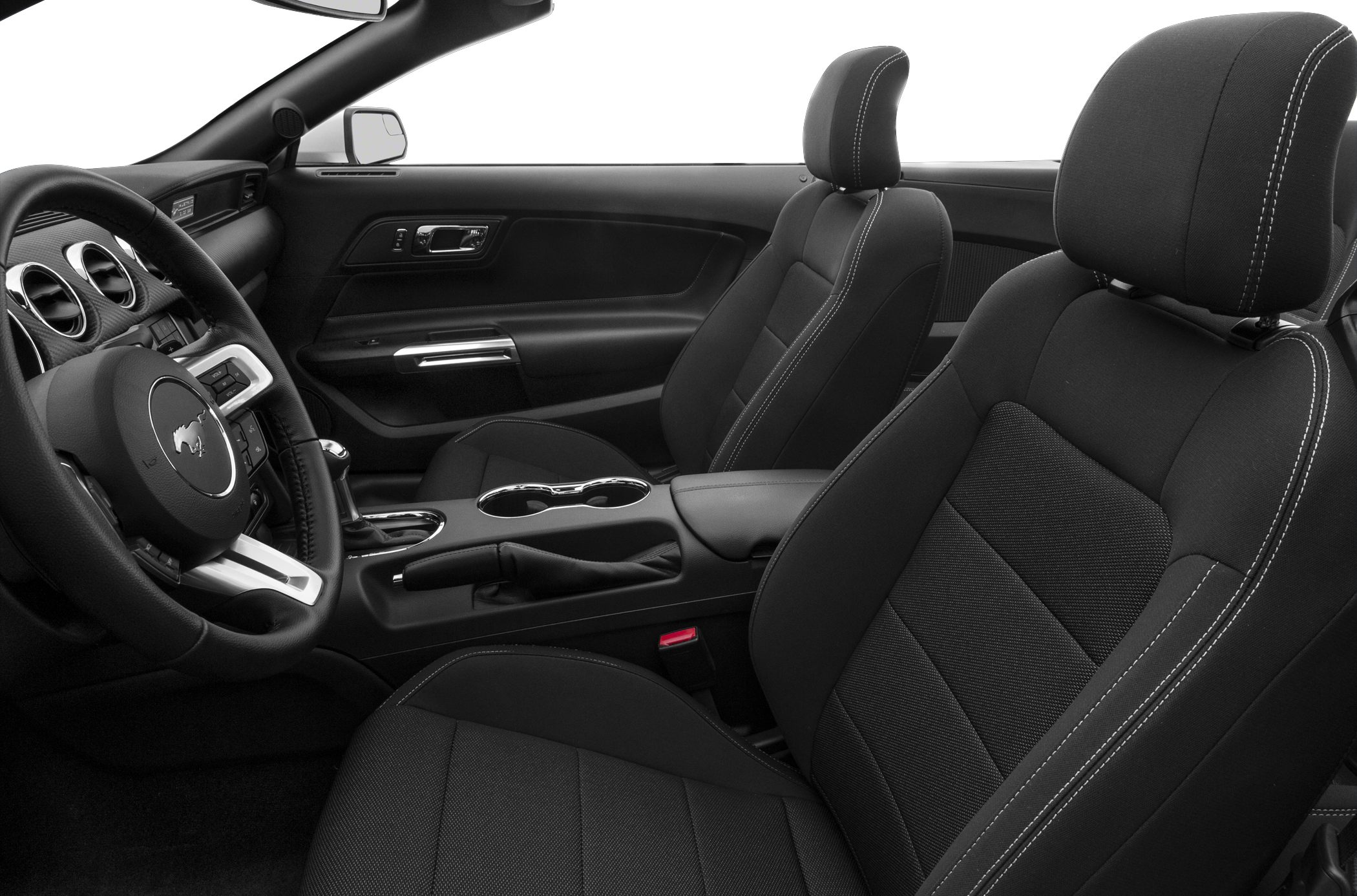Black cloth front seats with stitching and modern dashboard featuring steering wheel and center console