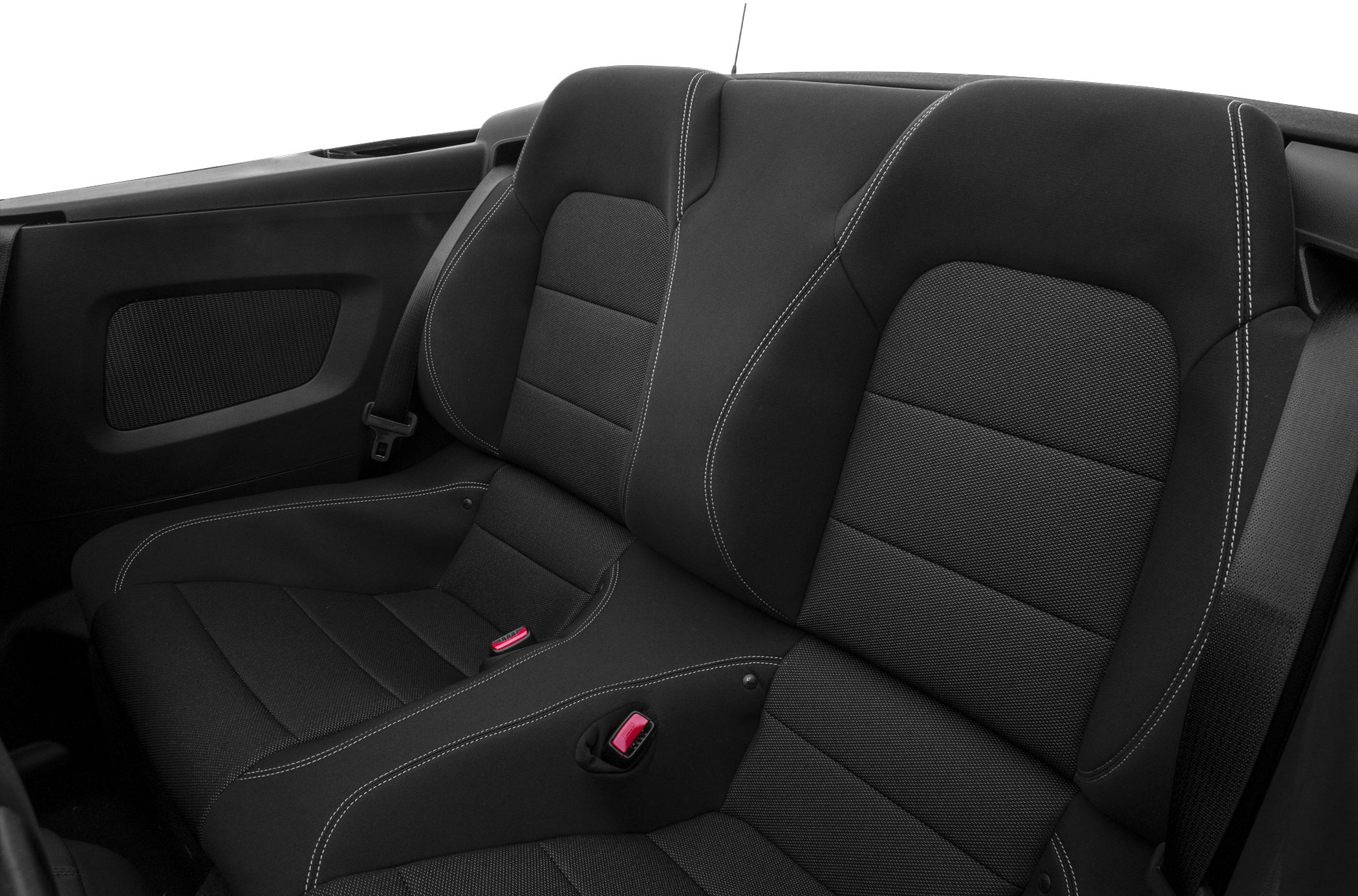 Black rear bucket seats with contrast stitching and integrated seat belts