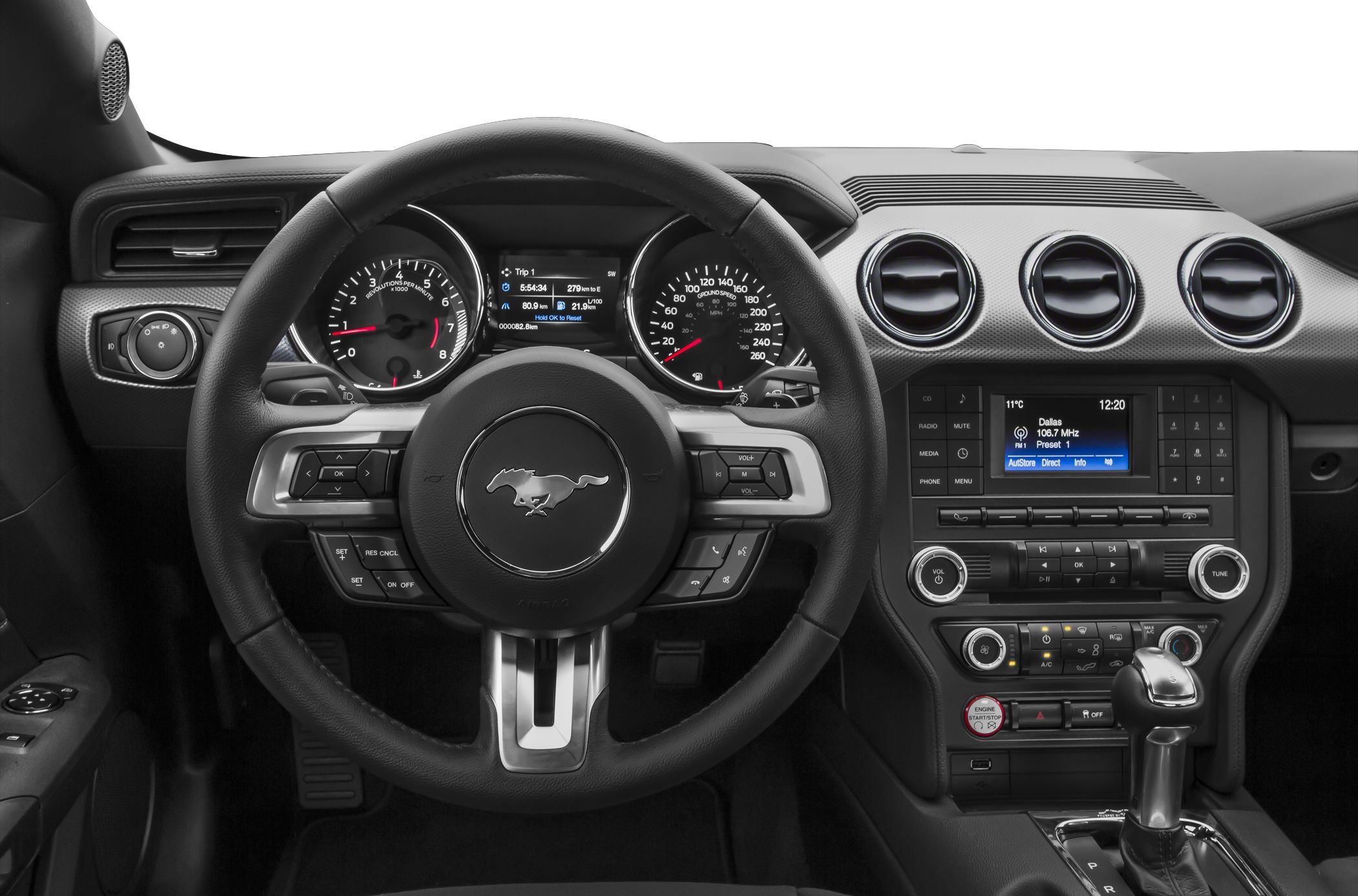 Steering wheel, instrument cluster, center console layout