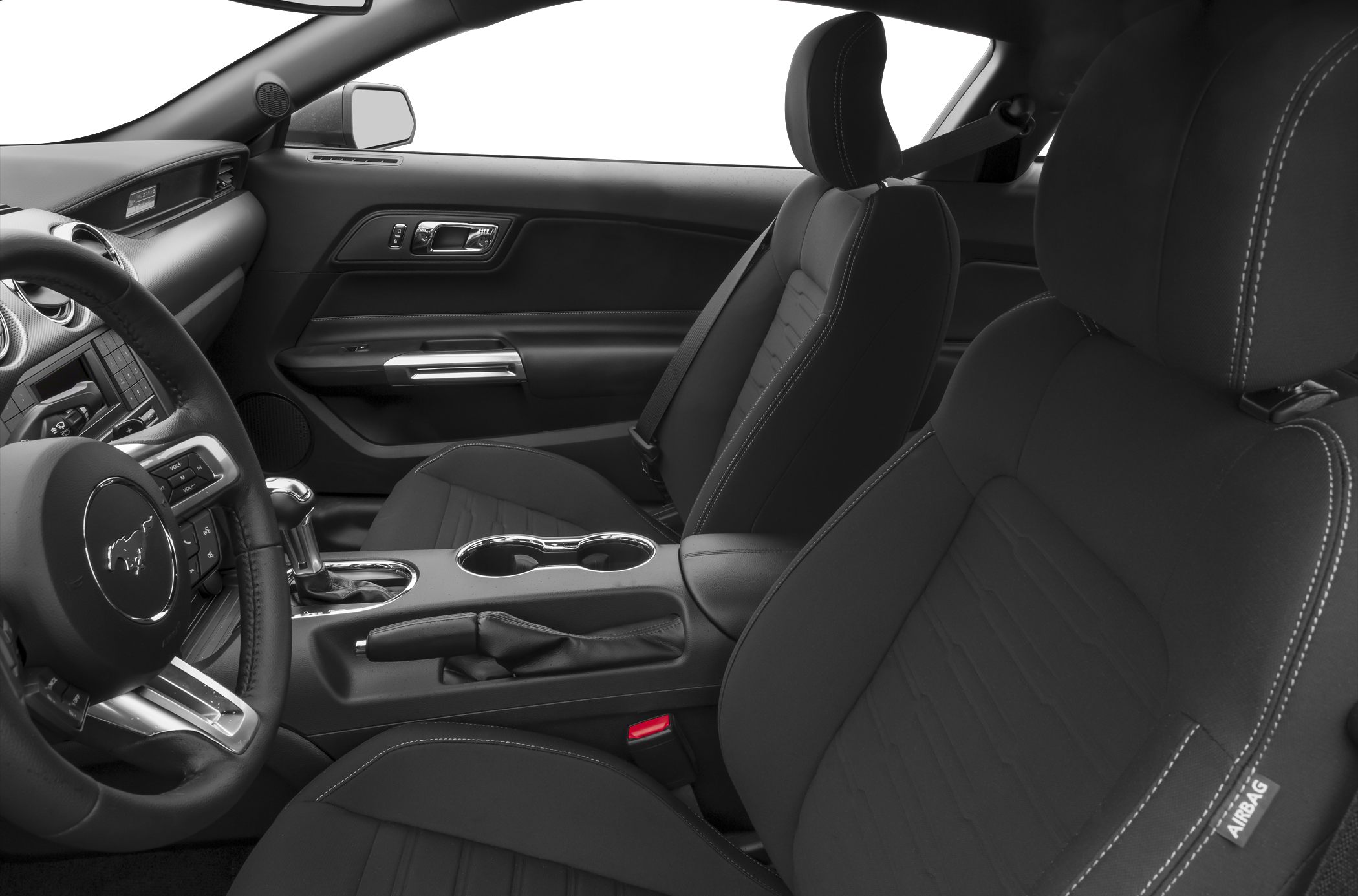 Black sport seats and leather-wrapped steering wheel with modern dashboard design