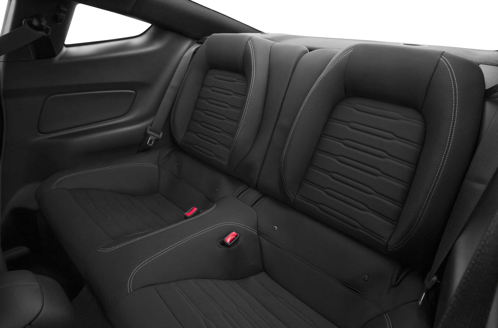 Black leather rear seats with detailed stitching and seat belts