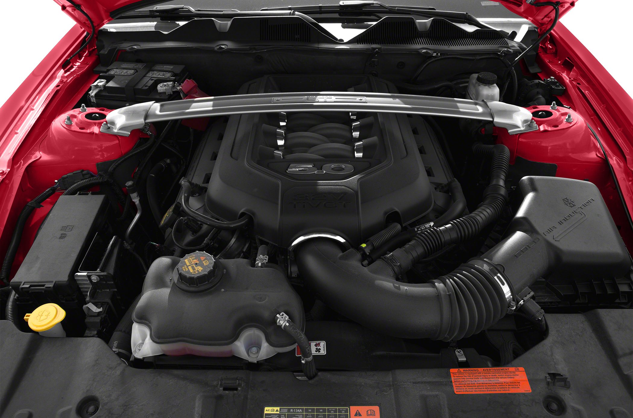 5.0 V8 engine with cold air induction and strut bar