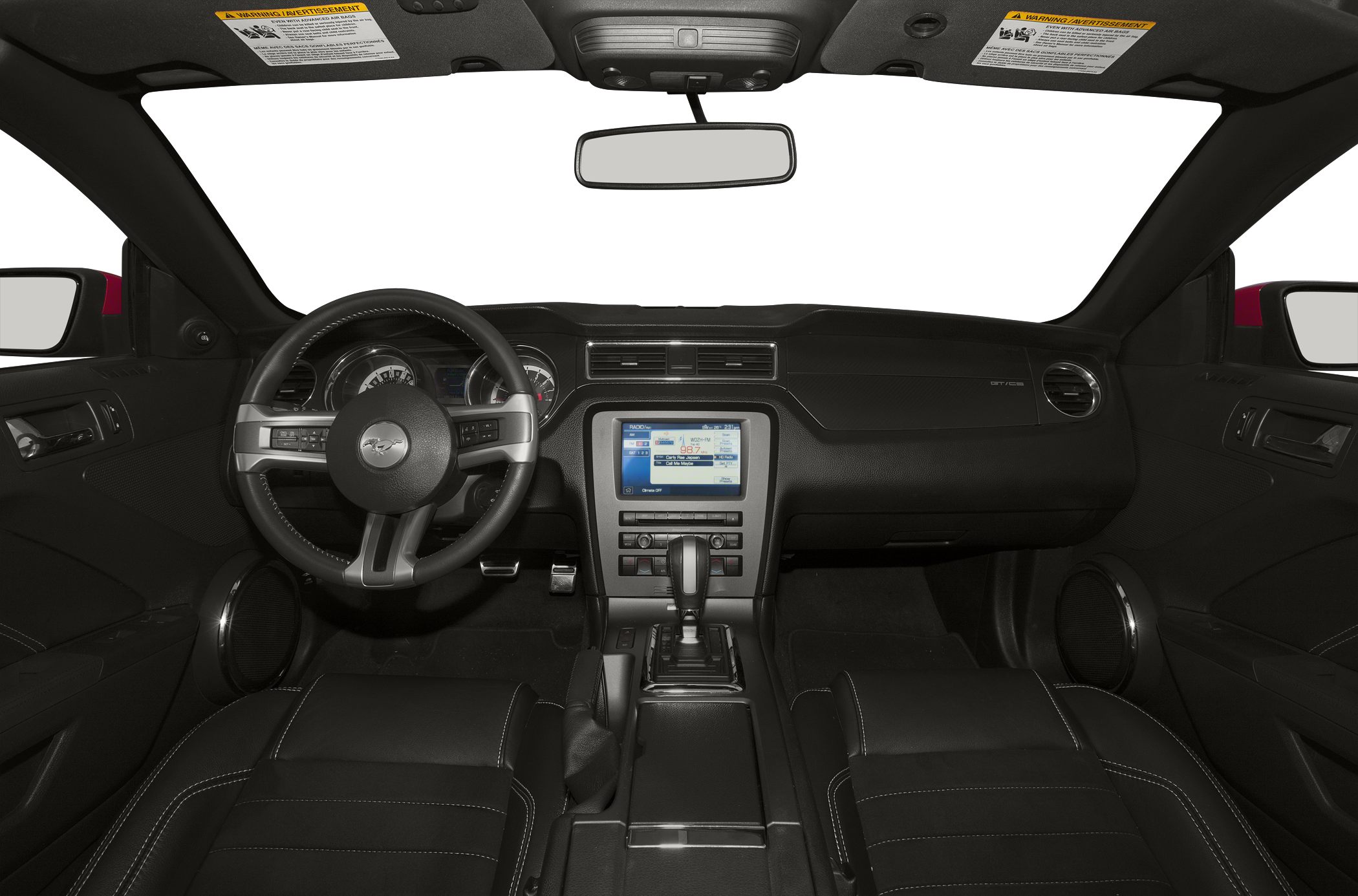 Dashboard, steering wheel, and center console interior with infotainment screen