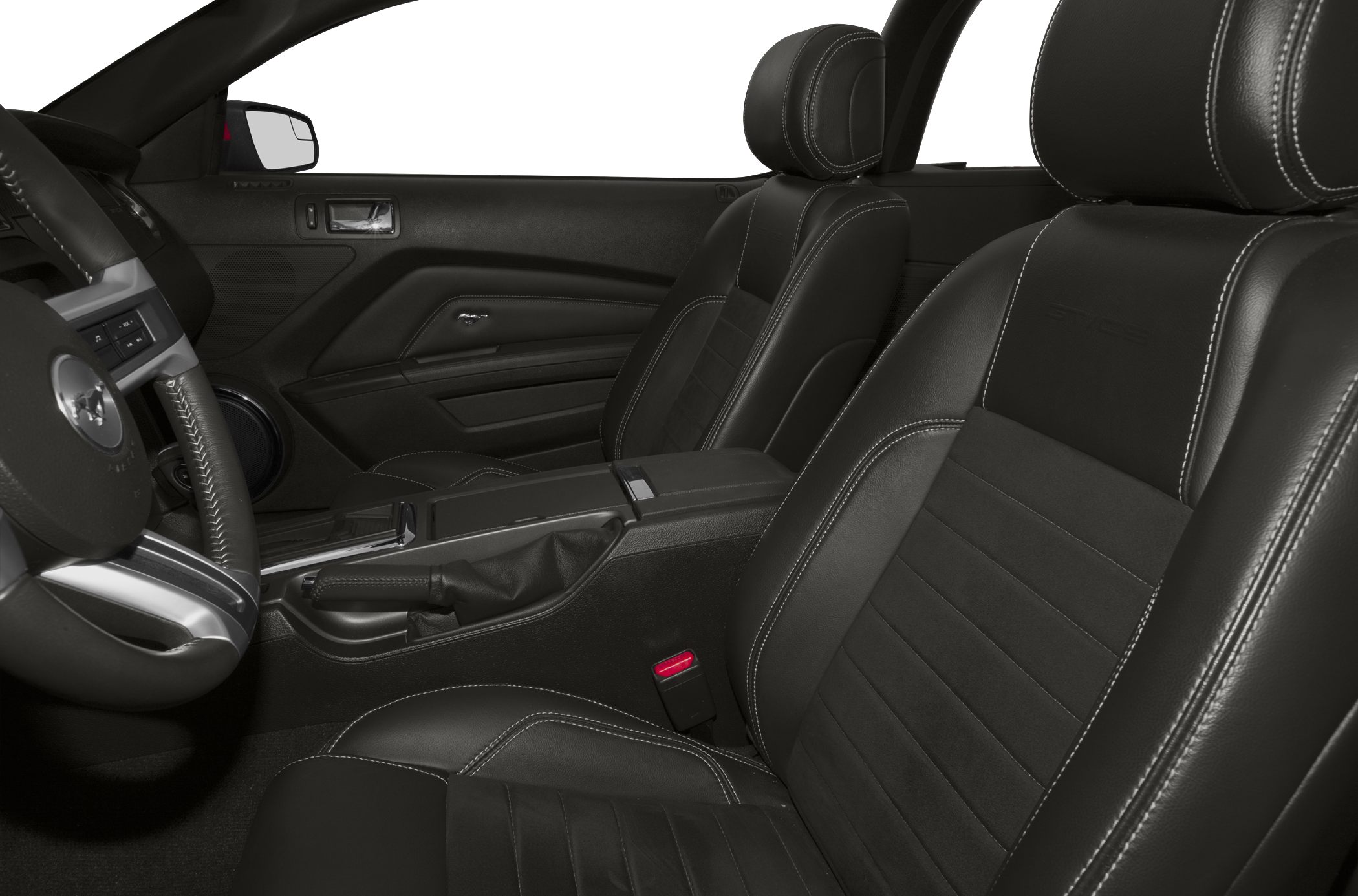 Black leather seats and detailed interior stitching with console and steering wheel.