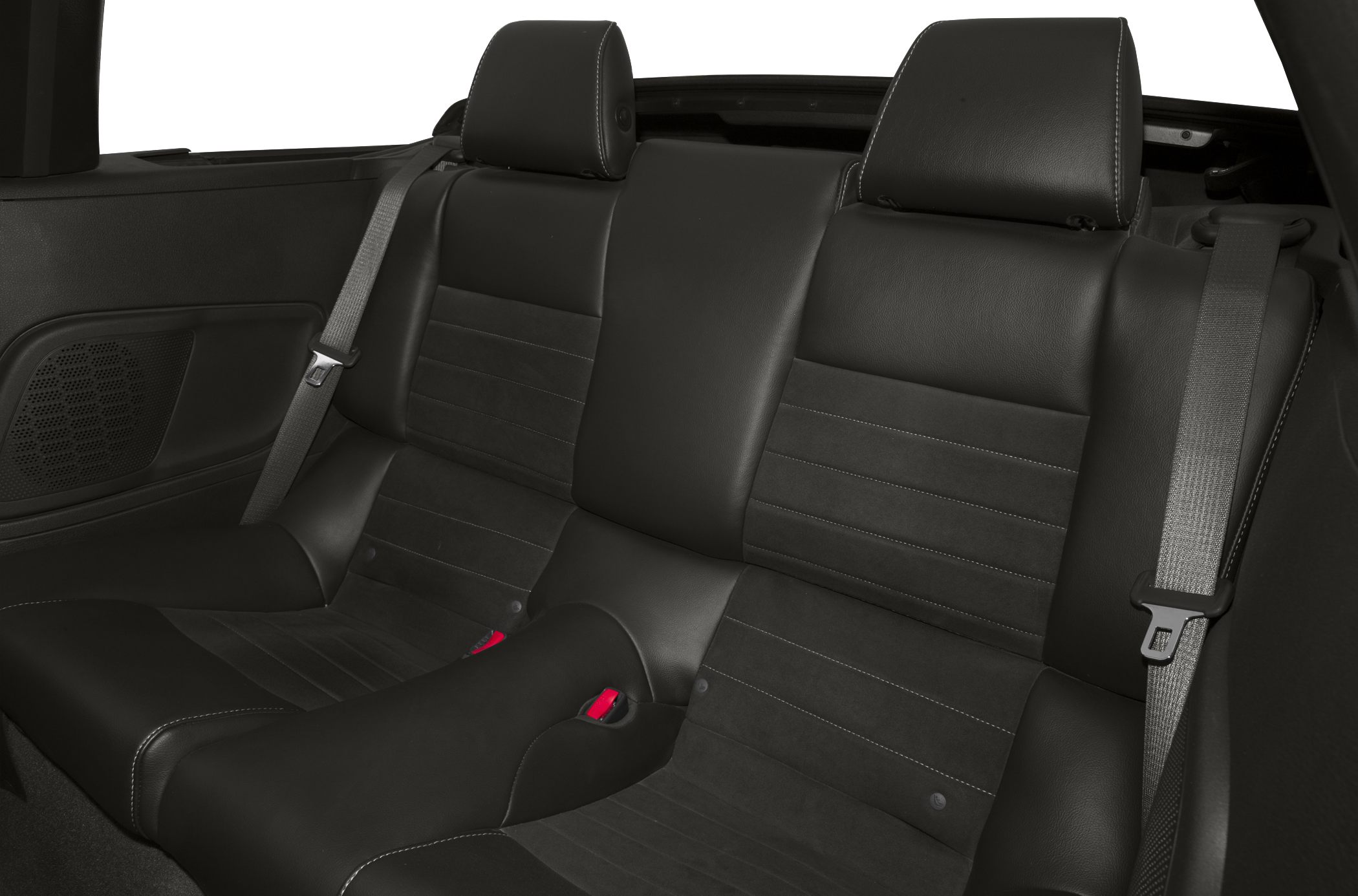 Rear seat interior with leather upholstery and seat belts