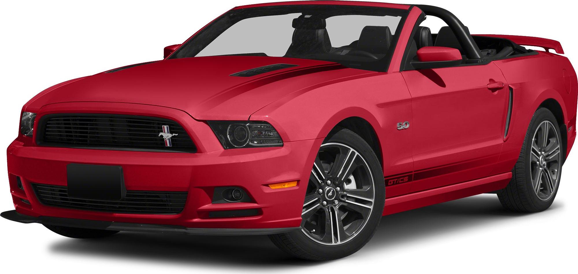 Red Mustang convertible with black grille and 5.0 badge