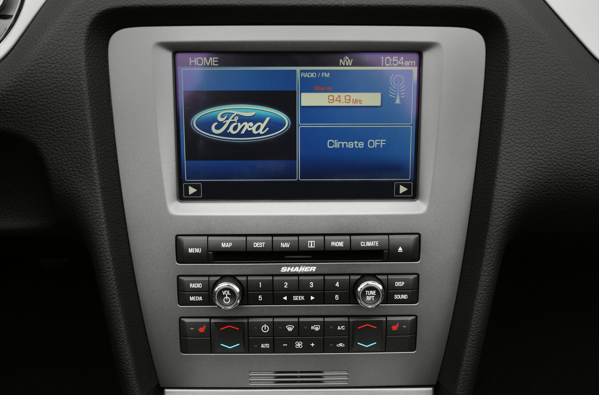 Infotainment system and climate control panel with heated seats and navigation buttons