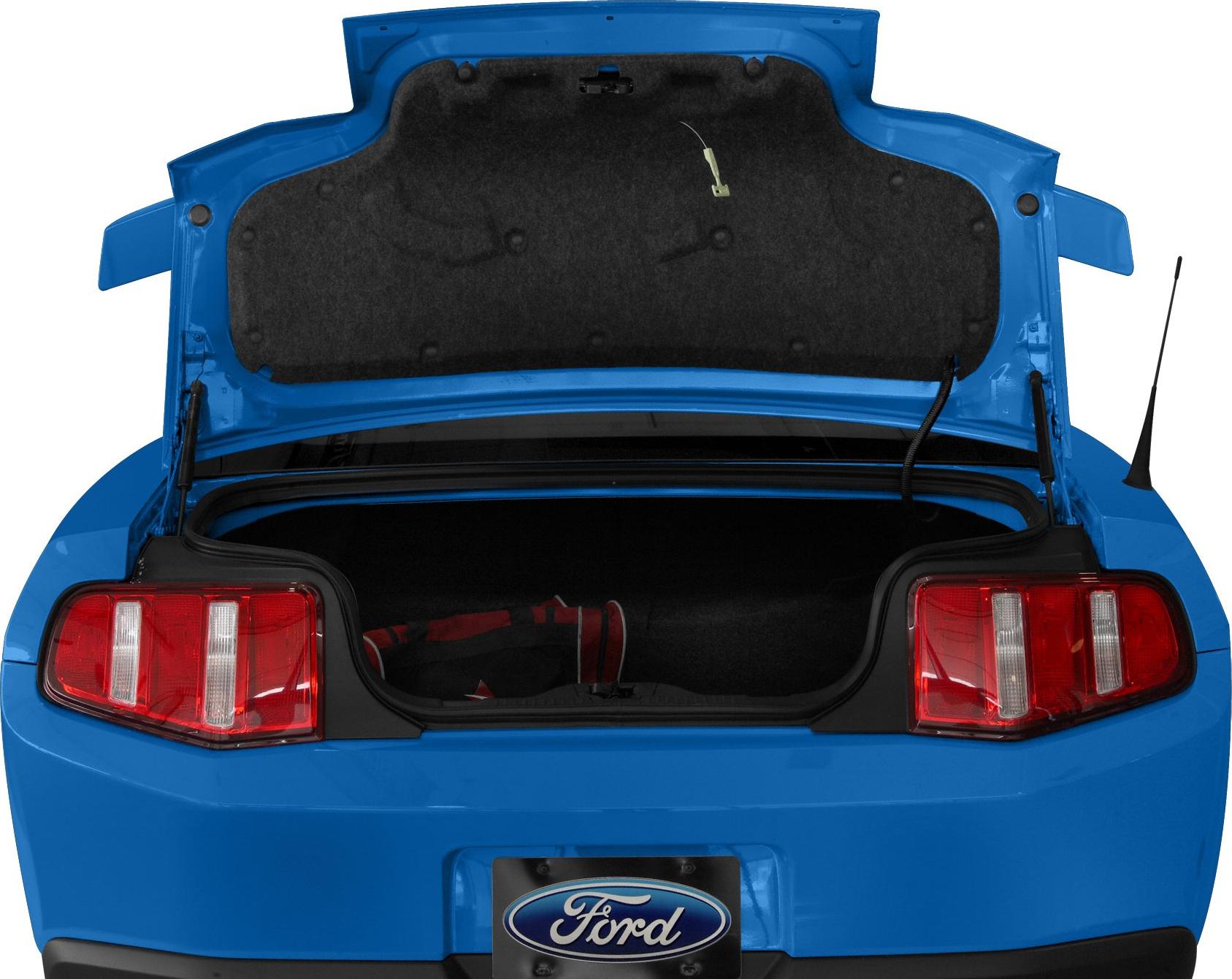 Open trunk with taillights and rear detail of a blue 2010 Mustang