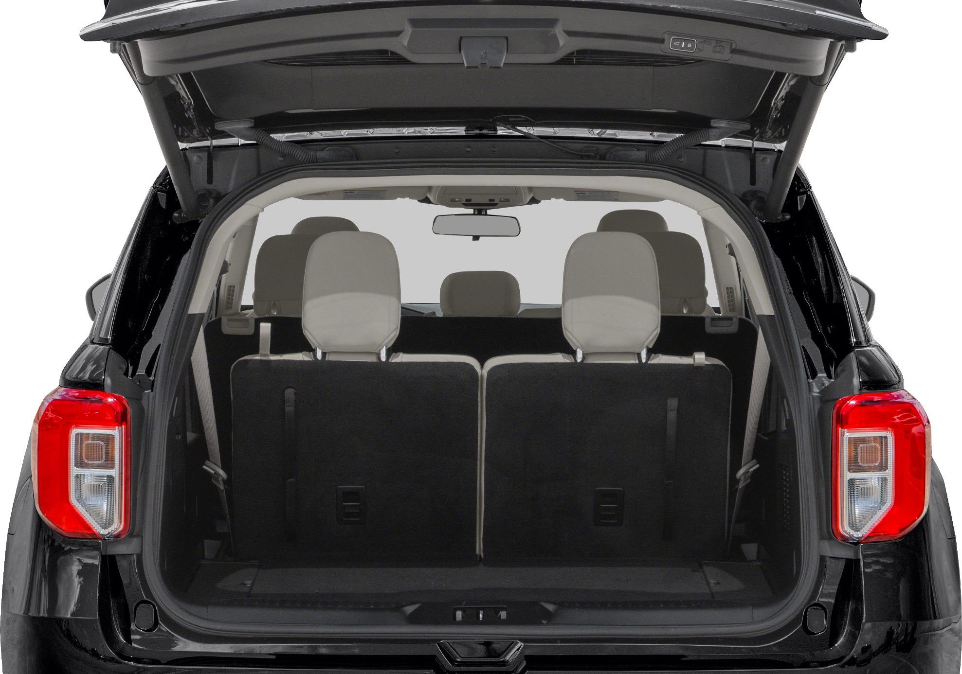 Rear SUV view with open tailgate and folded third-row seats