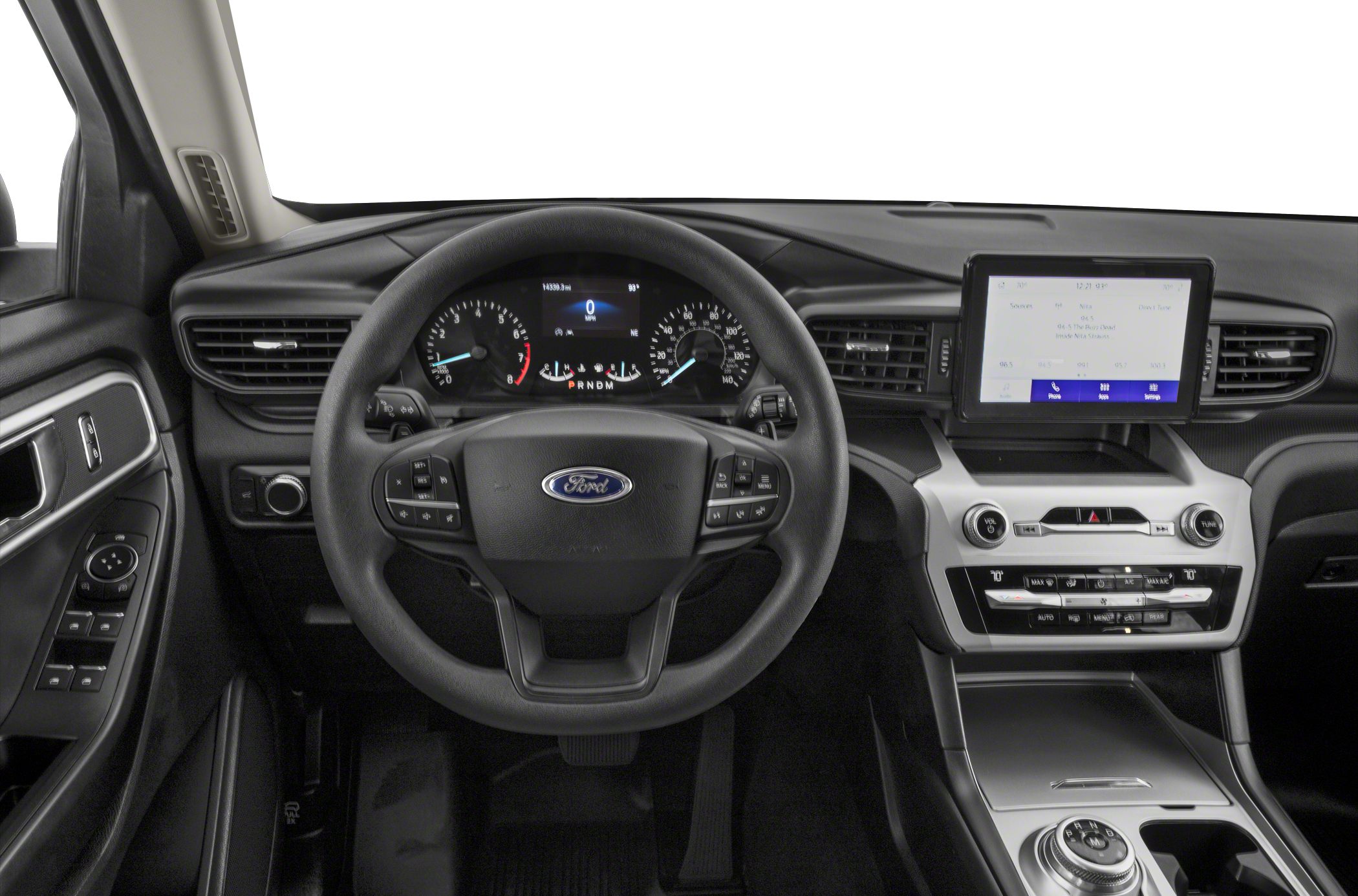 Modern SUV dashboard, steering wheel with multi-function controls, touchscreen center console