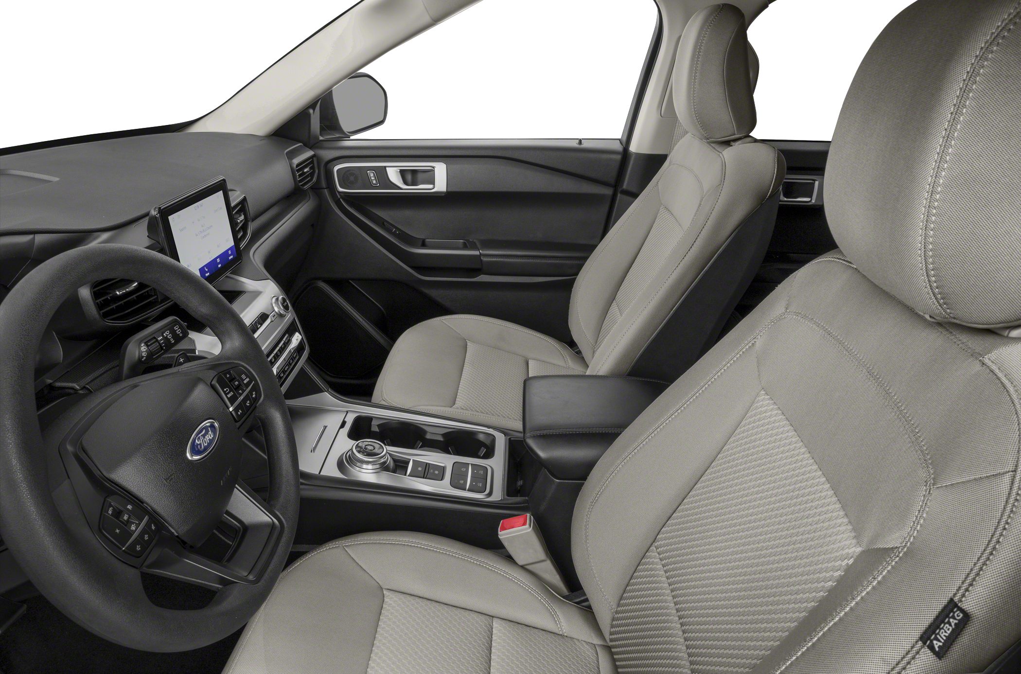 Modern dashboard with touchscreen and plush front seats