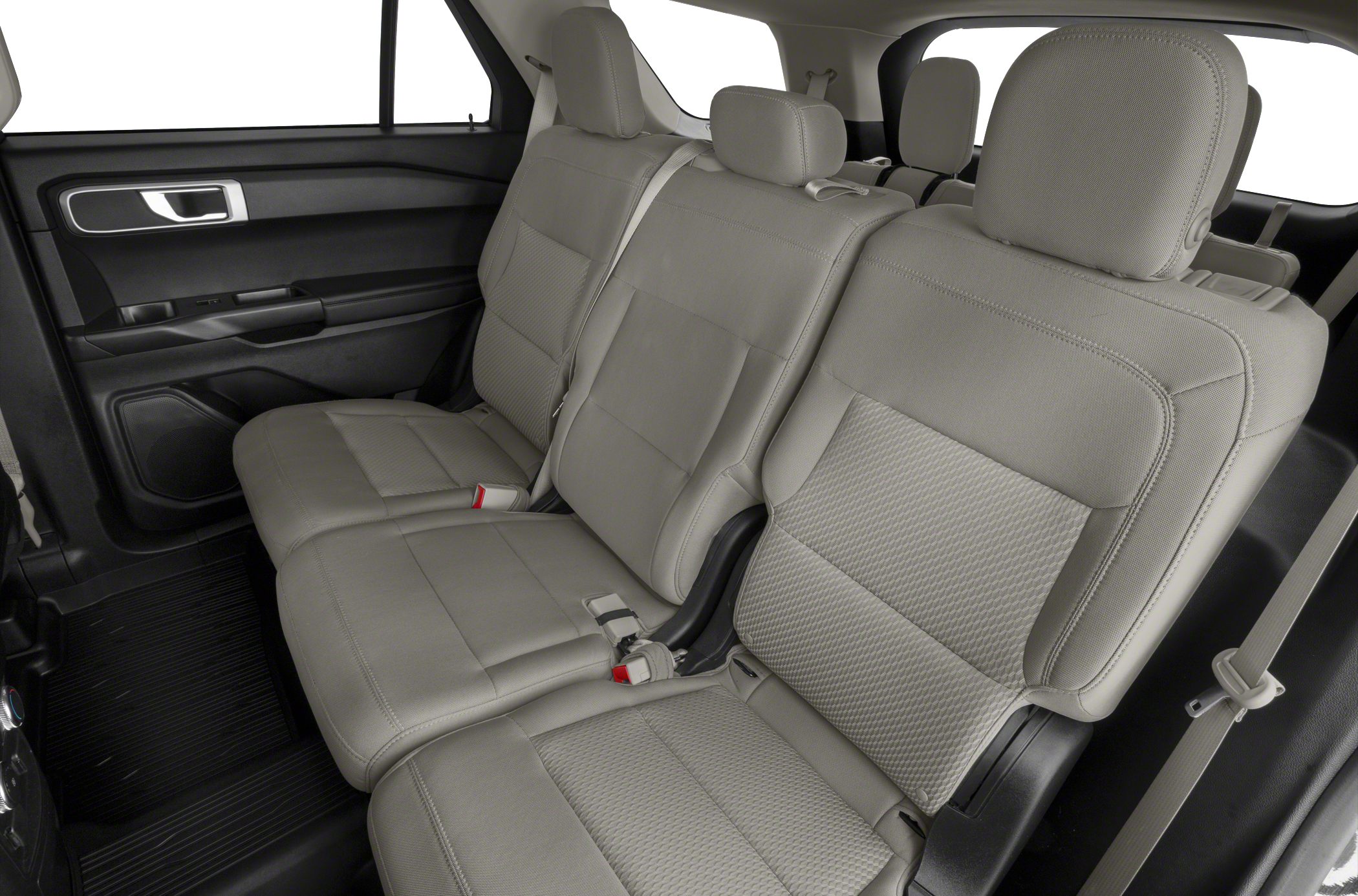 Rear passenger seats with seat belts and upholstery details