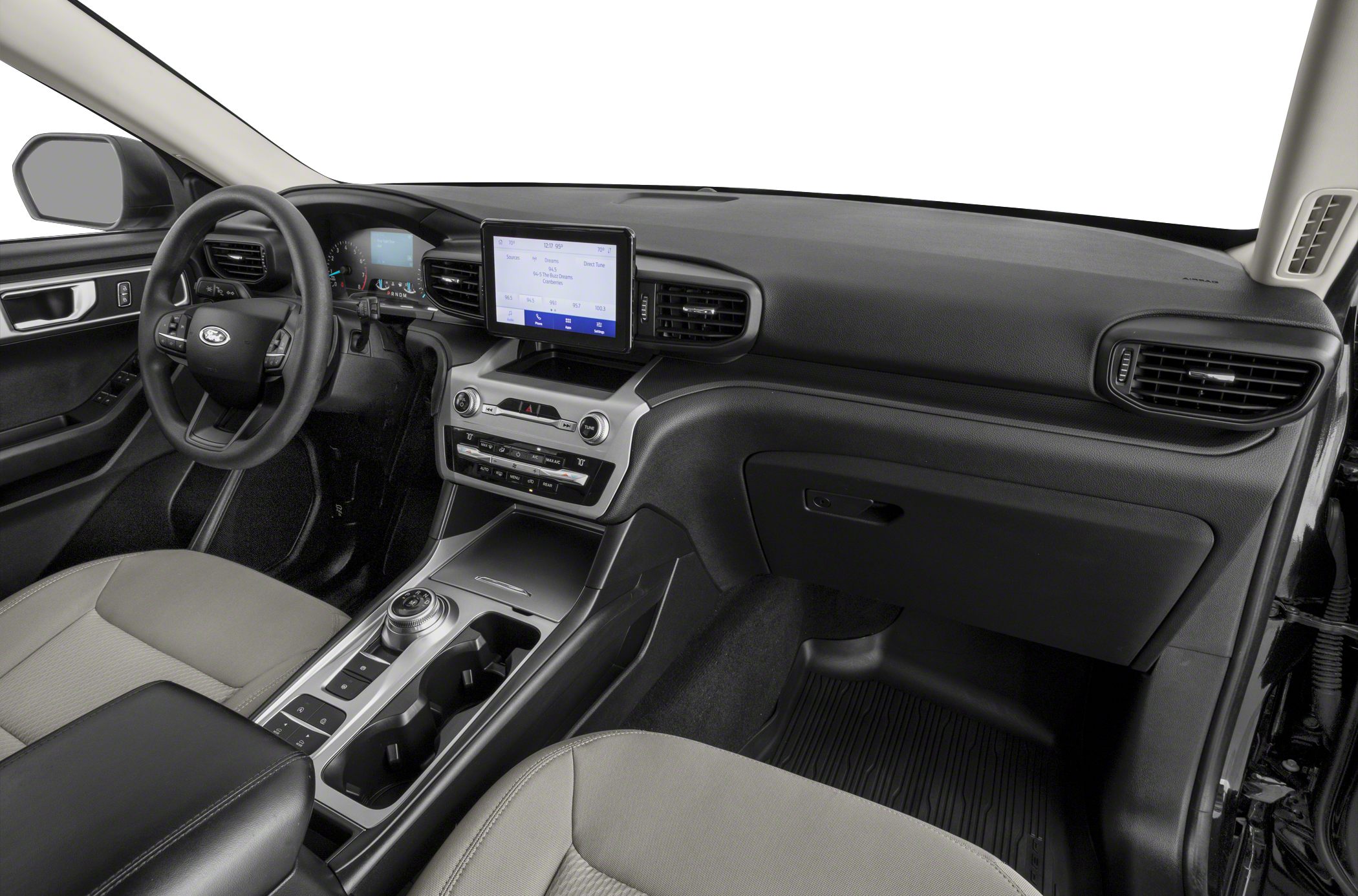Interior dashboard with touchscreen infotainment and rotary gear selector