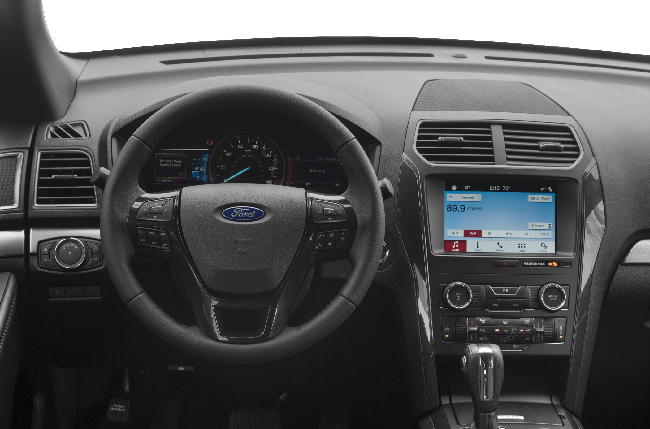 Steering wheel, digital dashboard, infotainment screen, and center console controls
