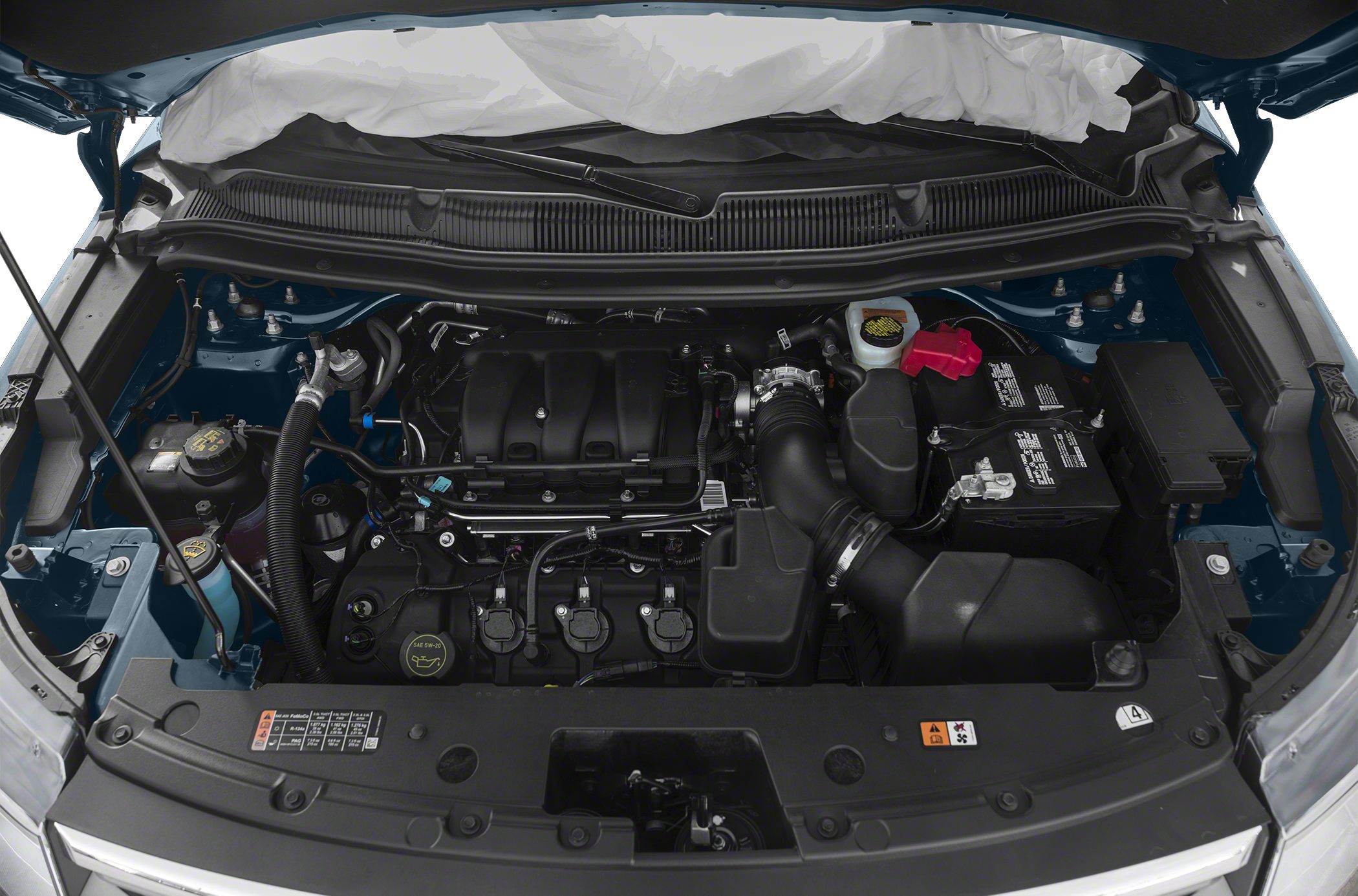 Detailed engine bay with intake, battery, and fluid reservoirs