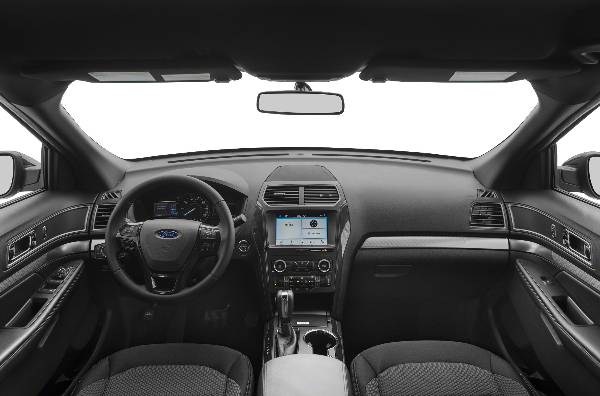 Modern dashboard and multifunction steering wheel with infotainment center.