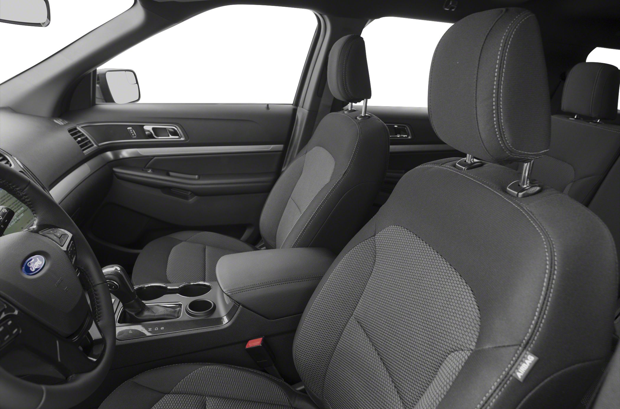 Detailed view of front seats and center console interior