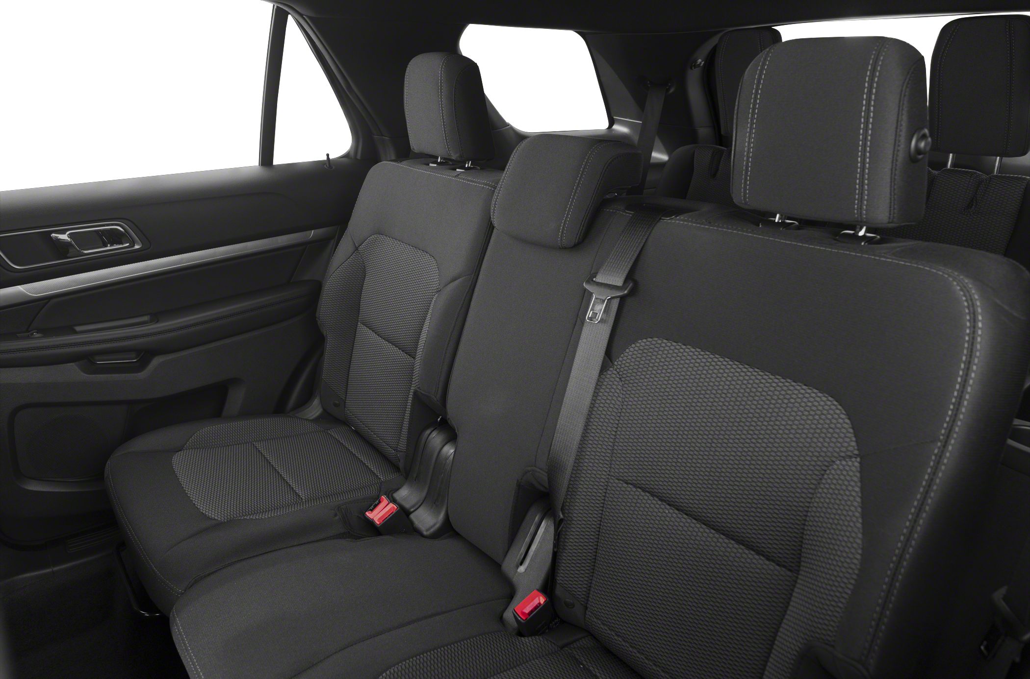 Black textured fabric rear seat with headrests and seat belts