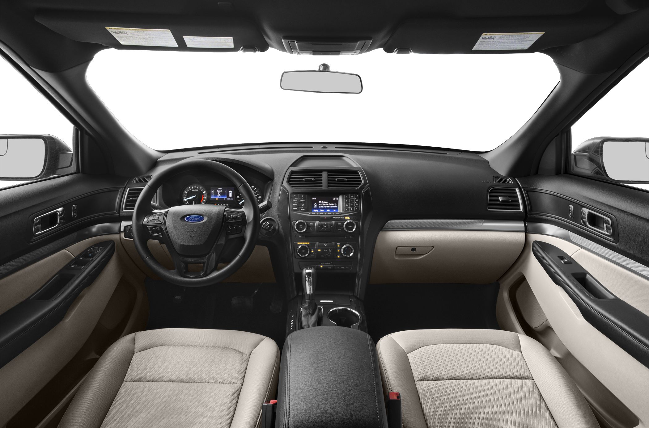 Dashboard, steering wheel, center console, and front seats in a modern SUV interior