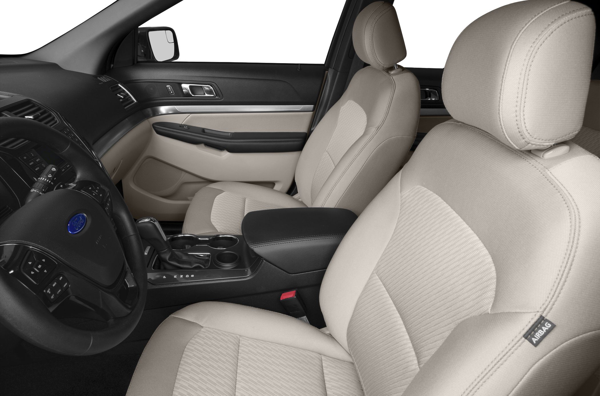 Beige front seats and black dashboard with center console in vehicle interior