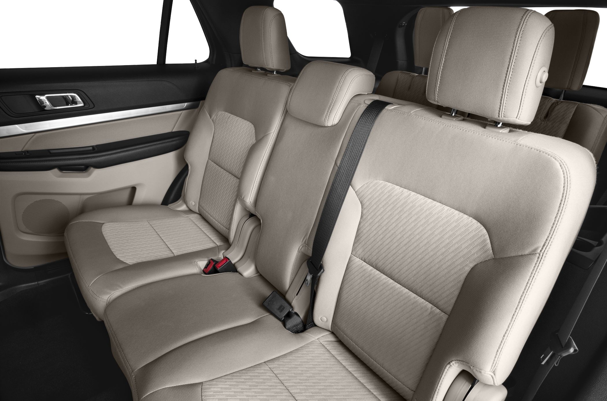 Beige rear seats with seatbelts and headrests, spacious and premium SUV interior.
