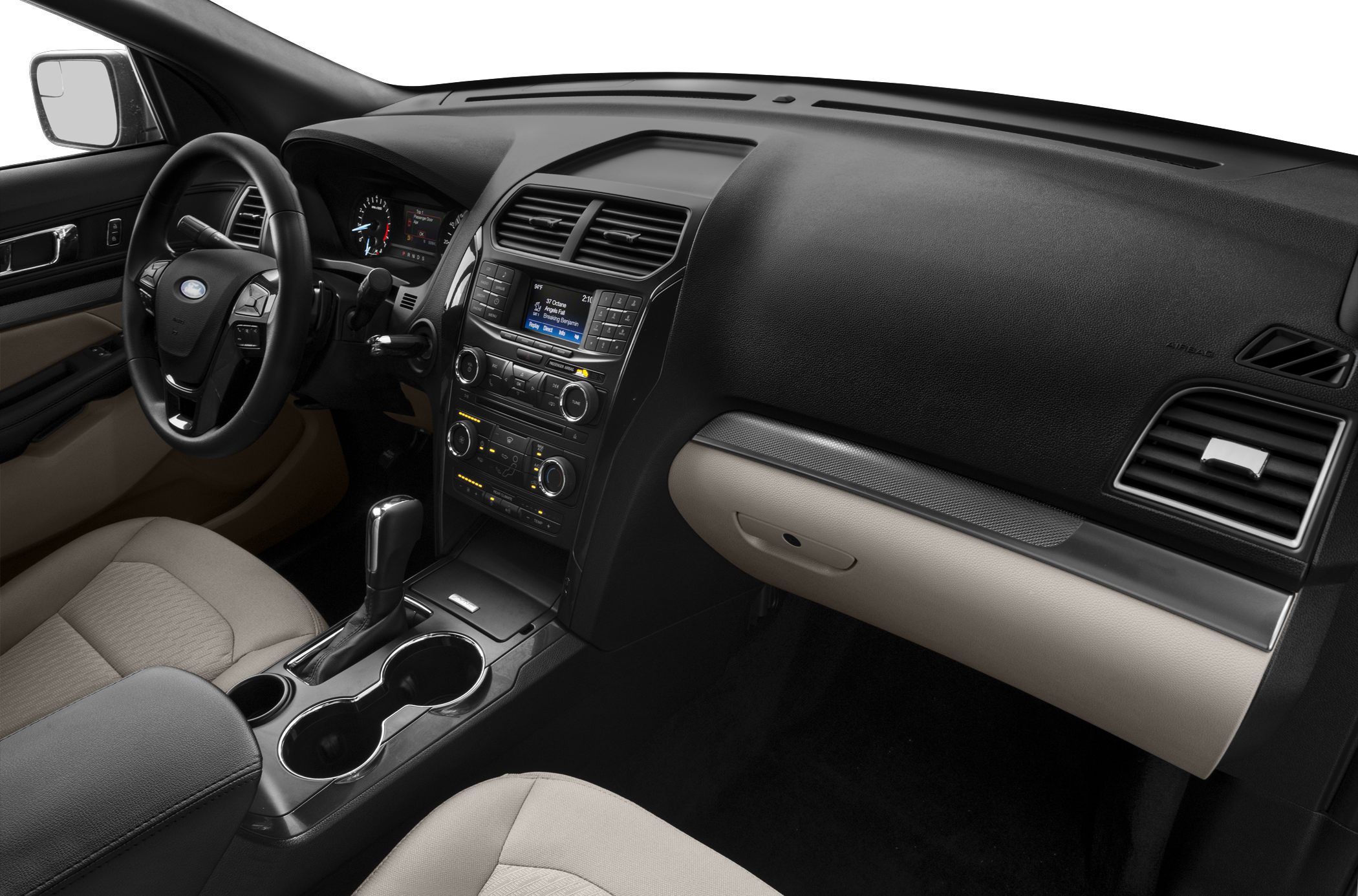 Dashboard, center console with gear shift and infotainment system