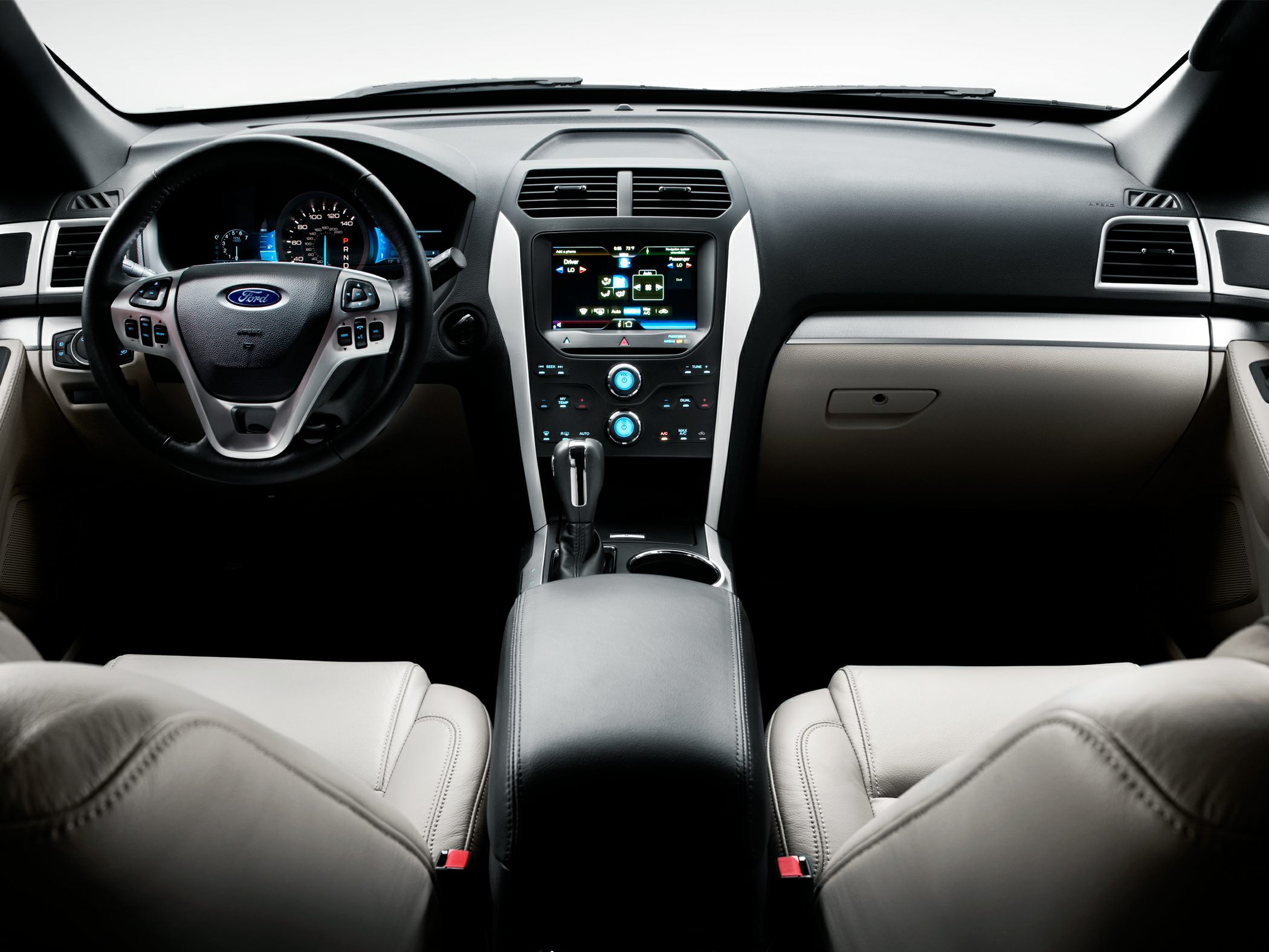 Interior dashboard with touchscreen and multifunction steering wheel