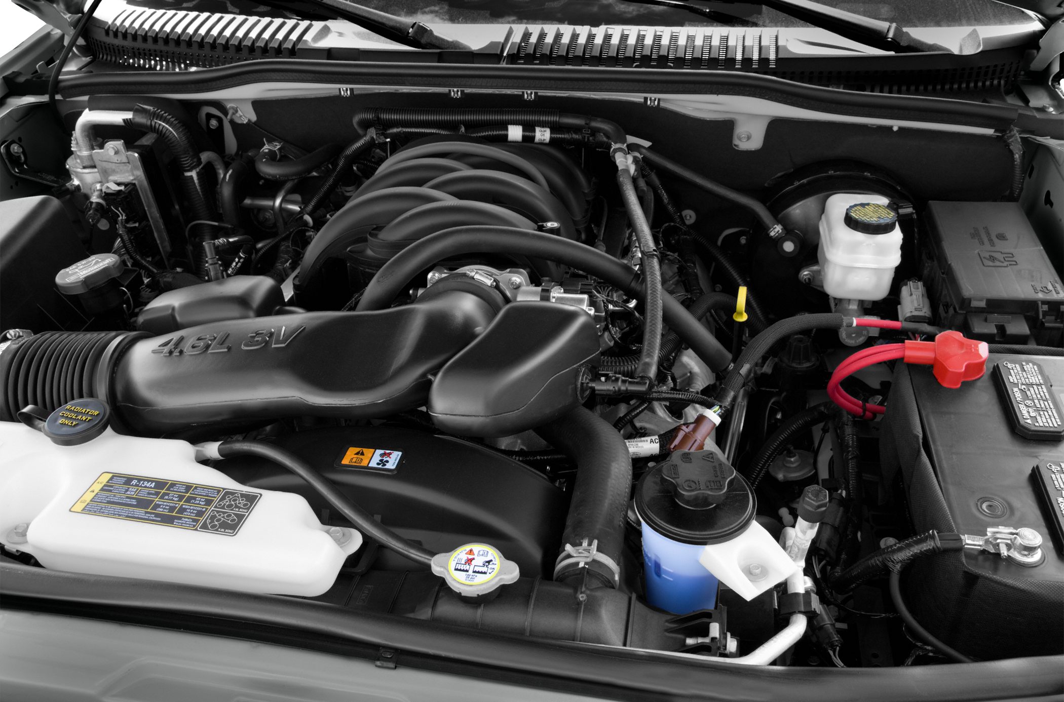 Close-up of a 4.6L 3V V8 engine in an engine bay
